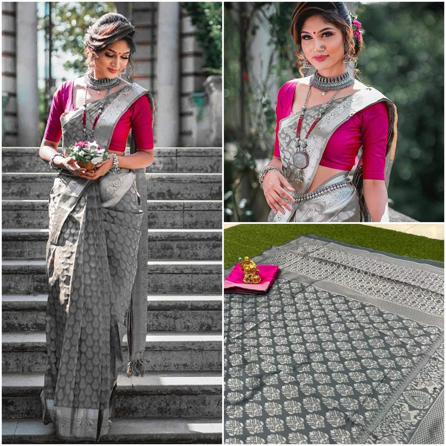 Runglory Grey Banarasi Saree with Pink Blouse