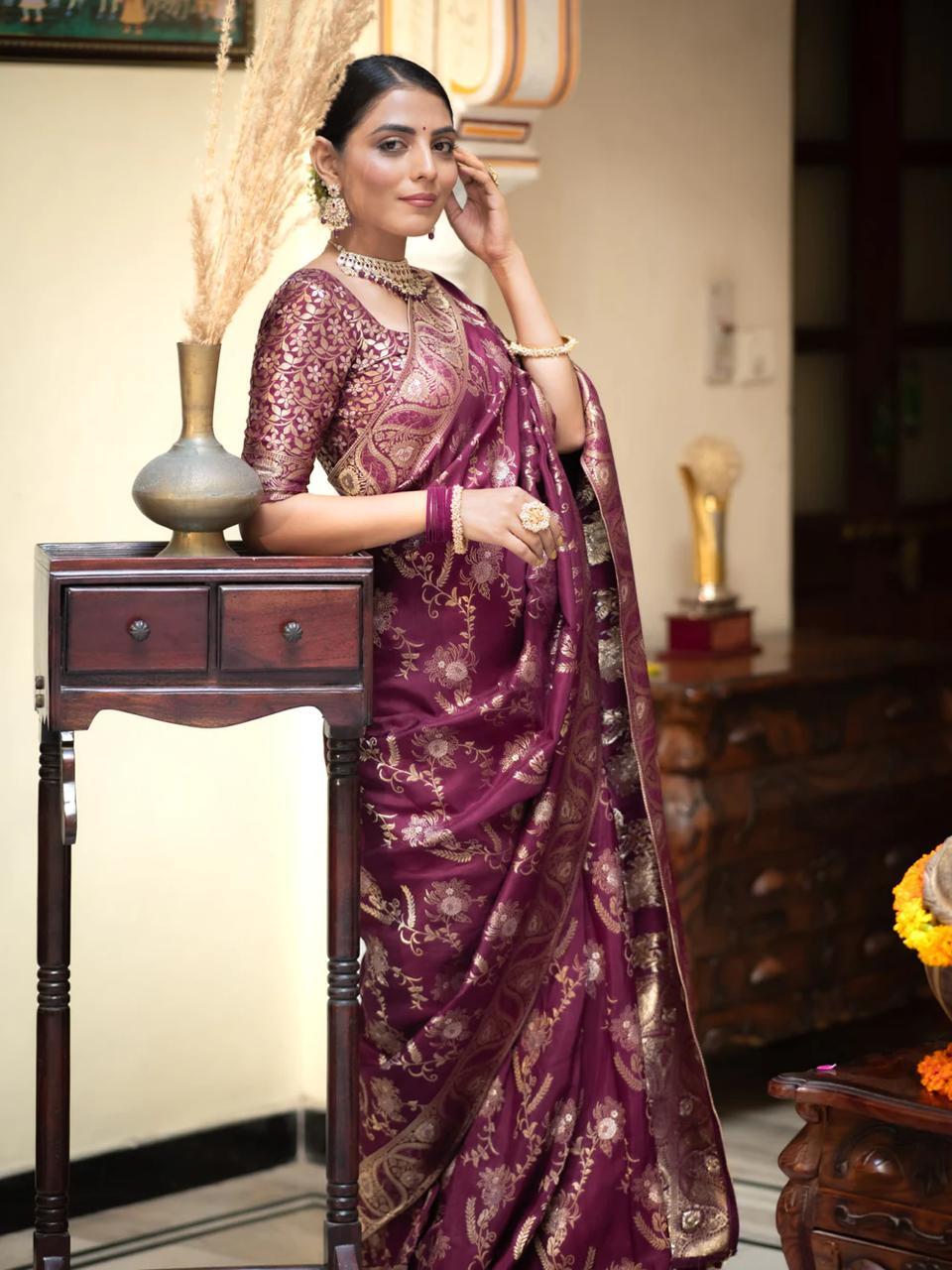 Beautiful Floral Saree With Unstitched Brocade Blouse-Minimum Qty -10 Pic