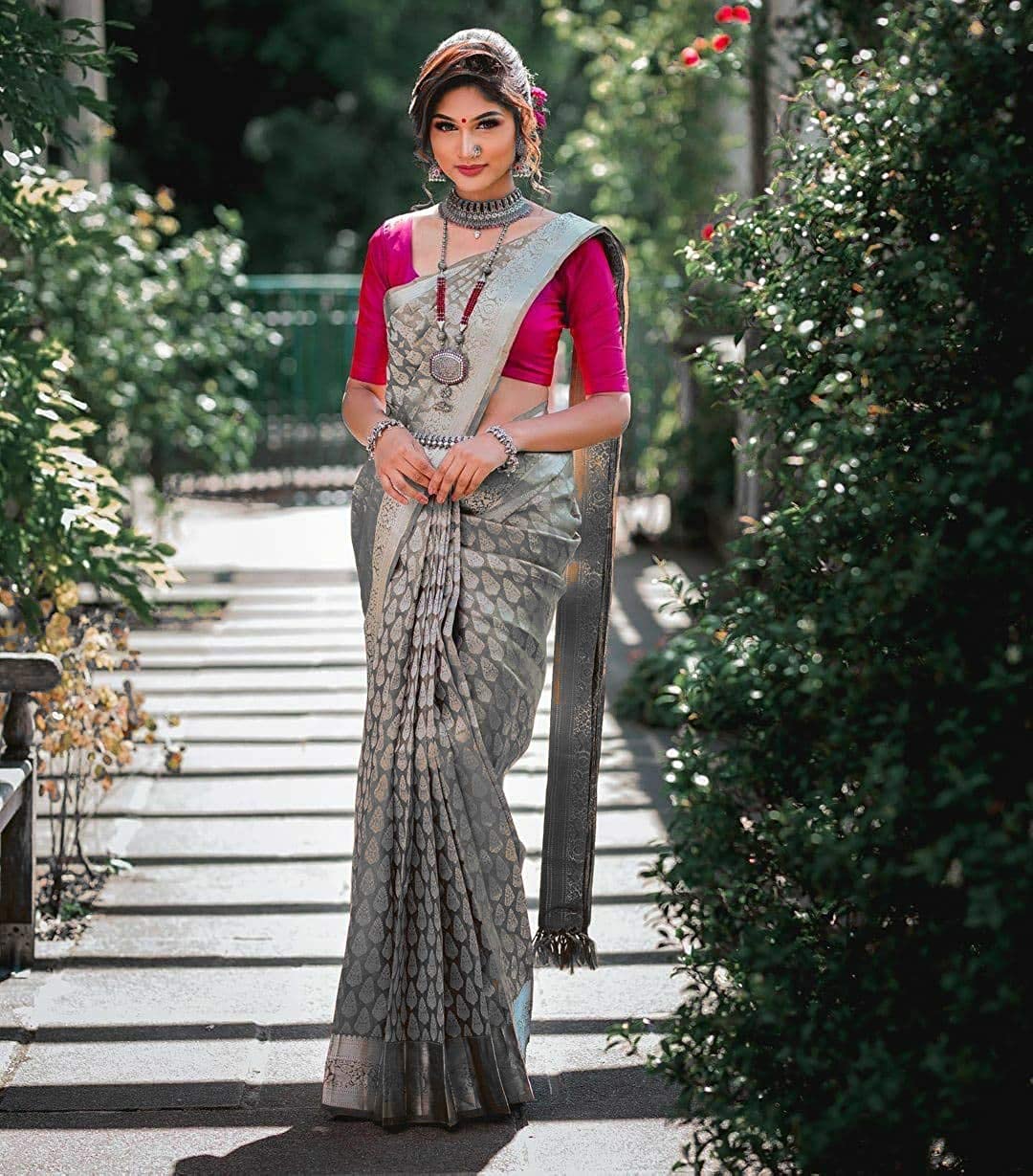 Runglory Grey Banarasi Saree with Pink Blouse