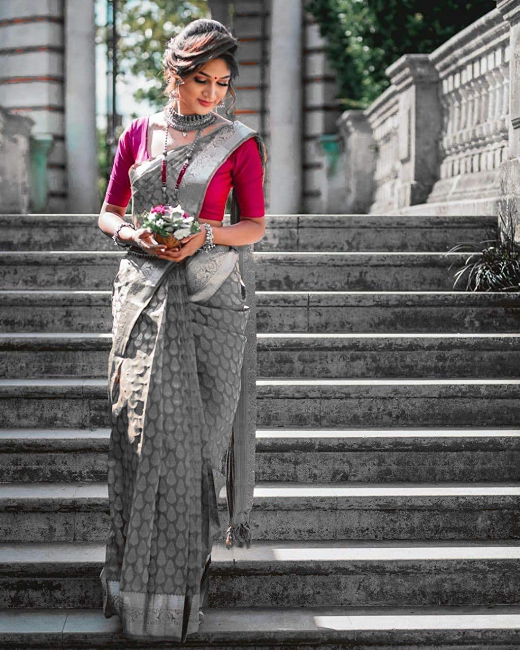 Runglory Grey Banarasi Saree with Pink Blouse
