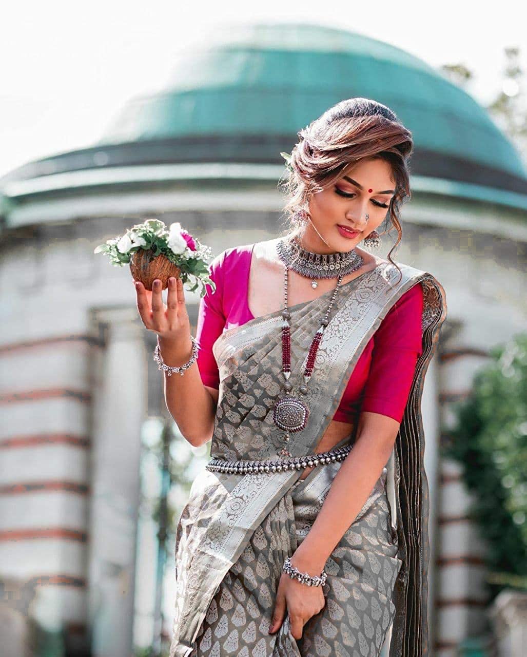 Runglory Grey Banarasi Saree with Pink Blouse