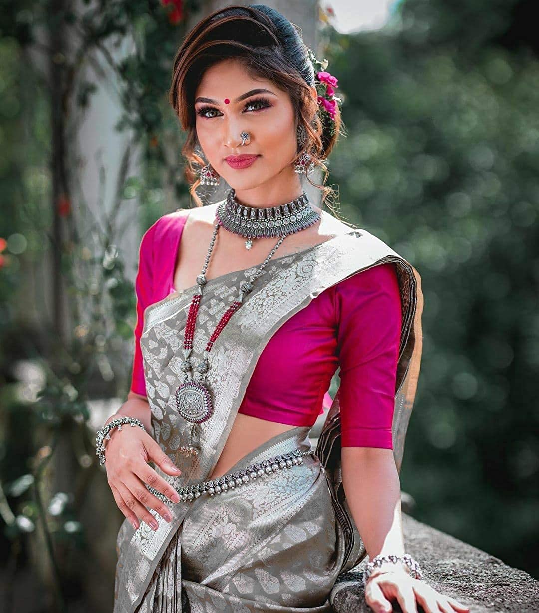 Runglory Grey Banarasi Saree with Pink Blouse