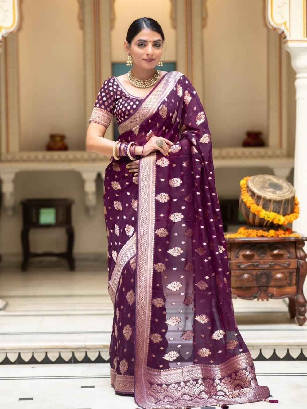 Runglory Elegant Wine Banarasi Silk Saree