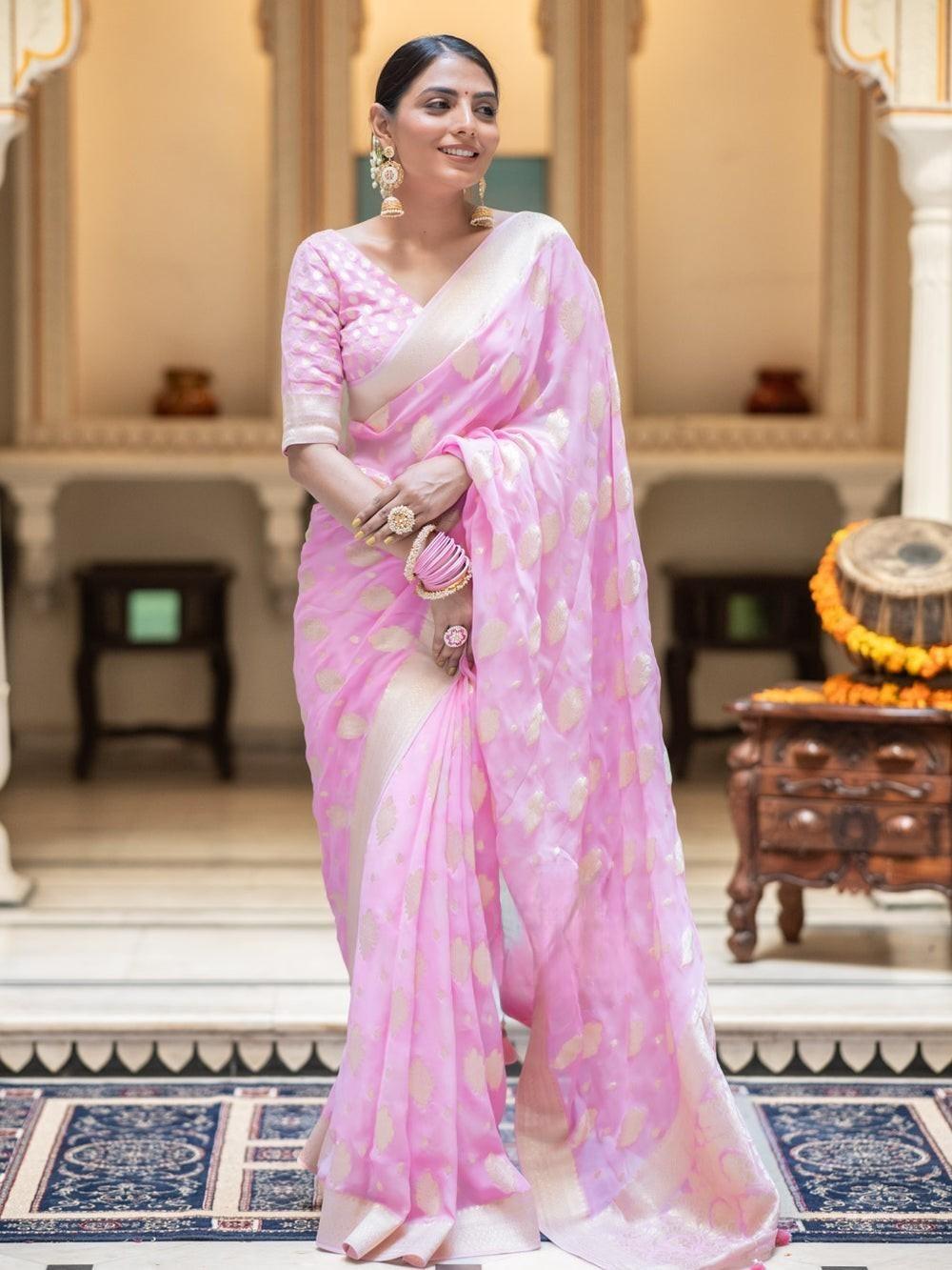 Runglory Royal Radiance Baby Pink Banarasi Silk Saree