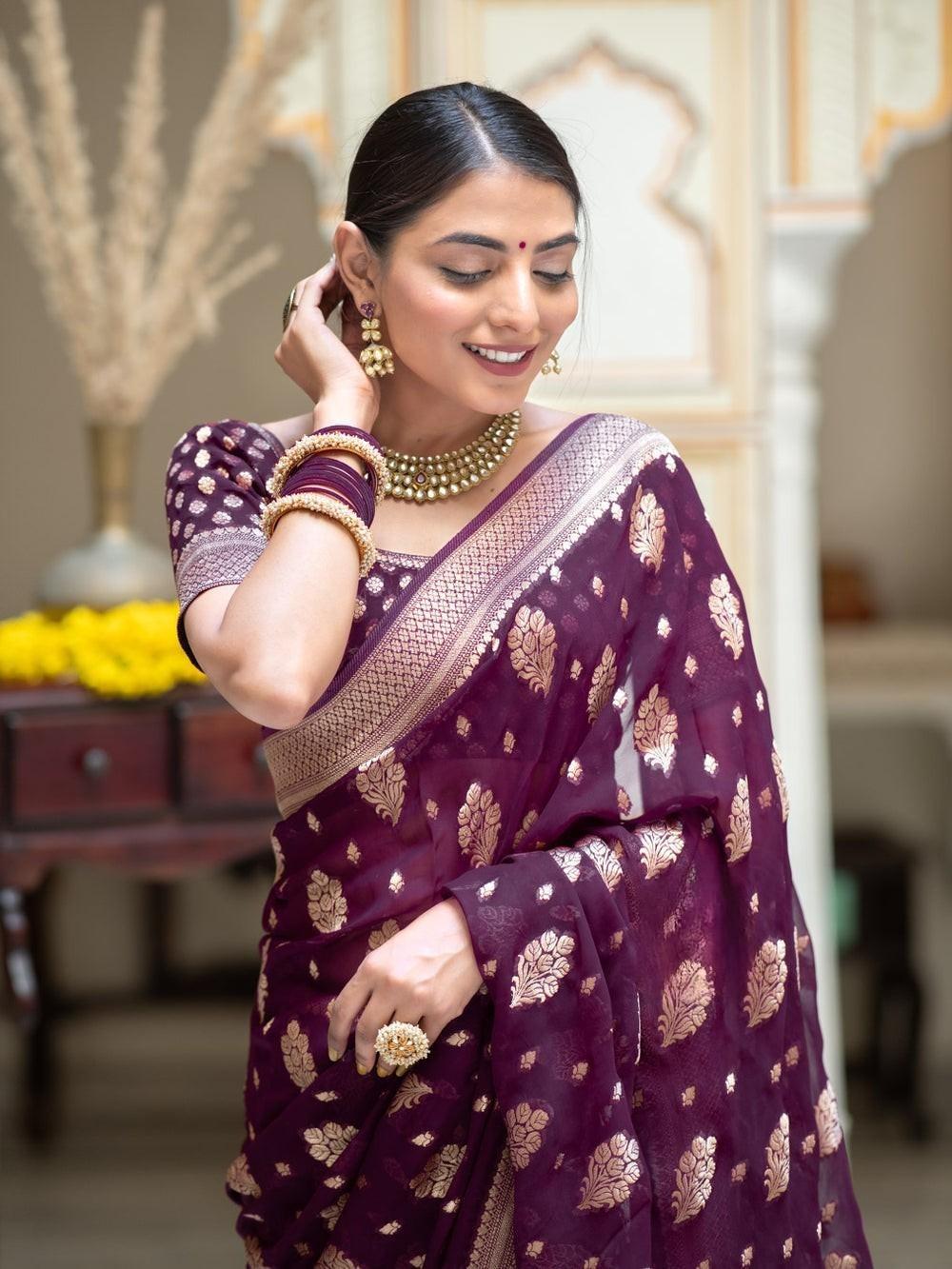 Runglory Elegant Wine Banarasi Silk Saree
