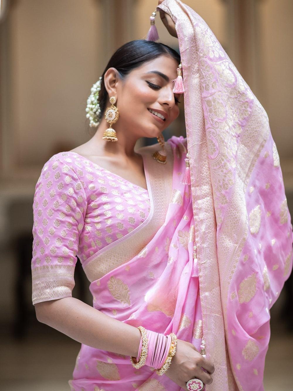 Runglory Royal Radiance Baby Pink Banarasi Silk Saree