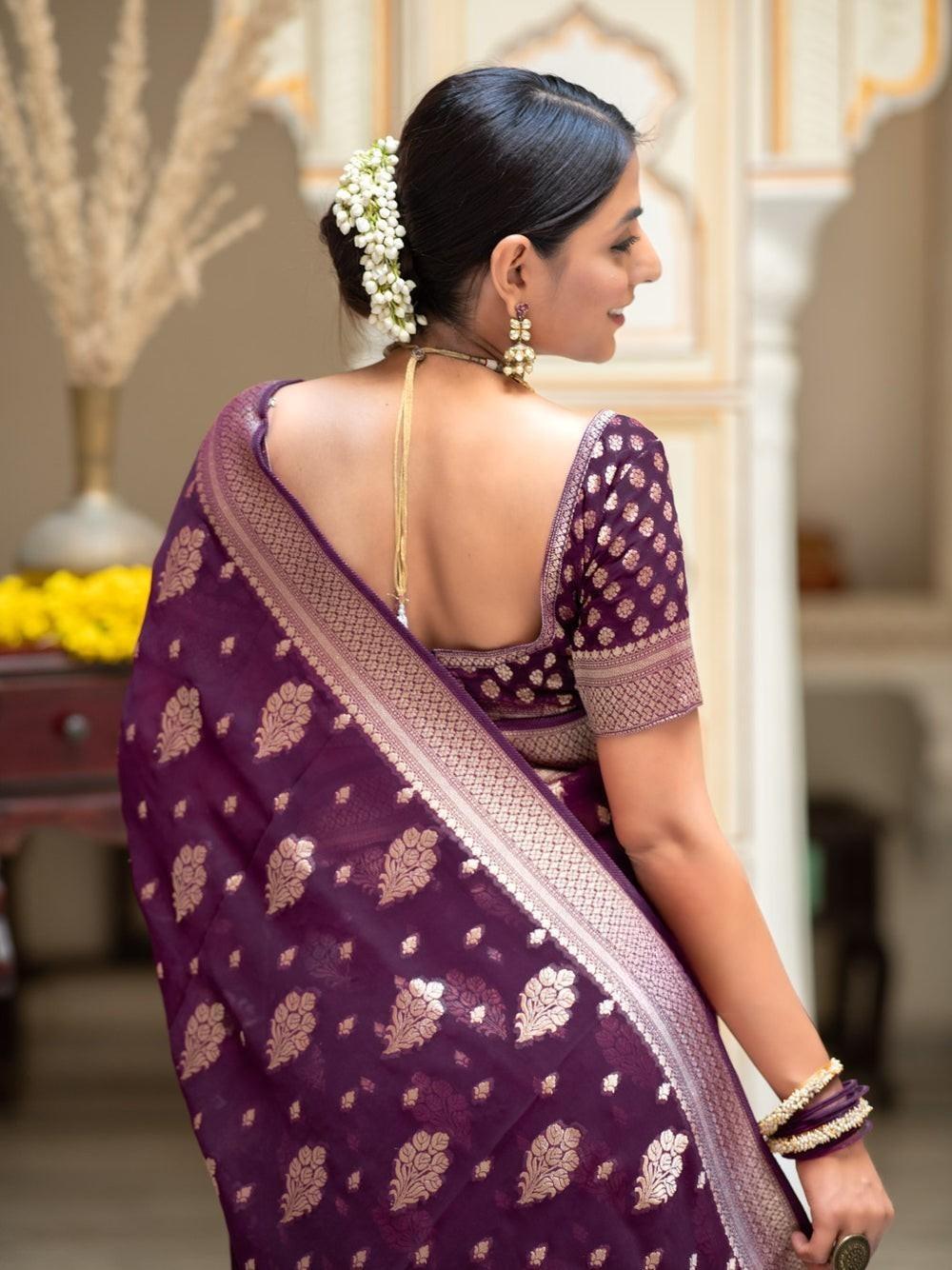 Runglory Elegant Wine Banarasi Silk Saree