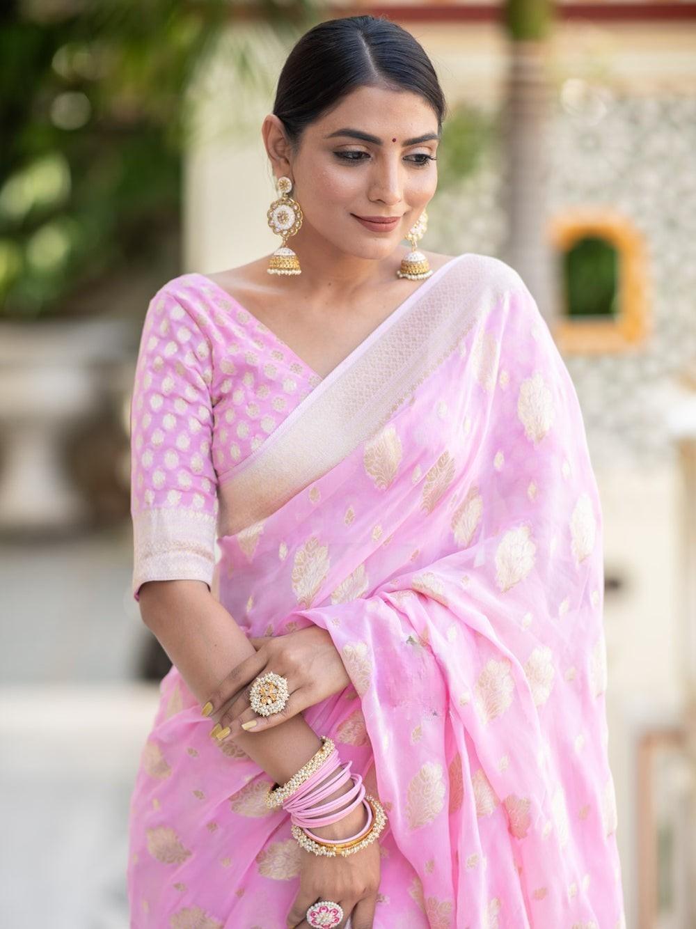 Runglory Royal Radiance Baby Pink Banarasi Silk Saree