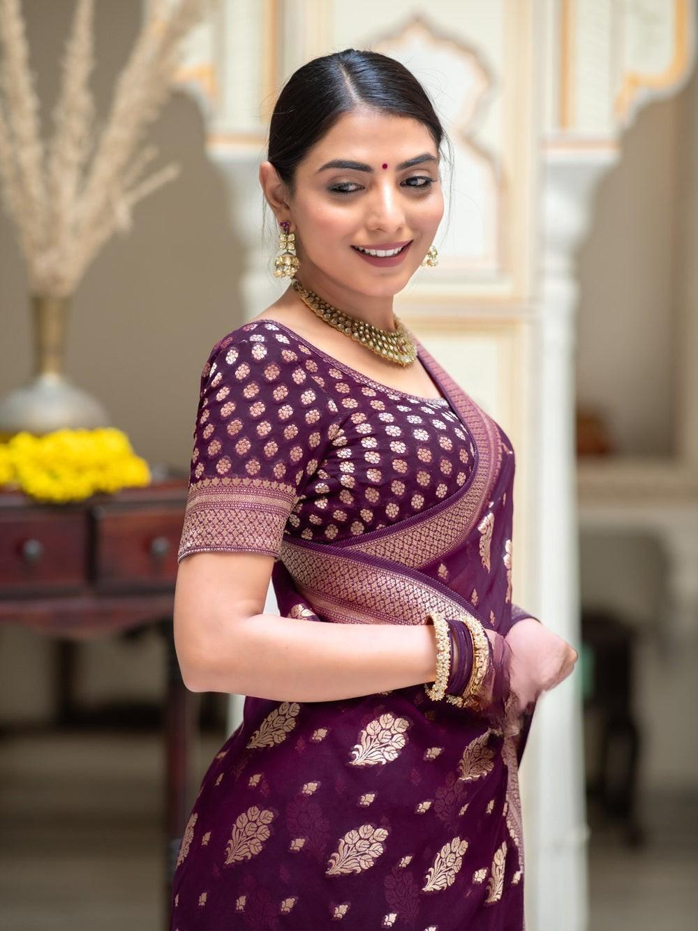 Runglory Elegant Wine Banarasi Silk Saree