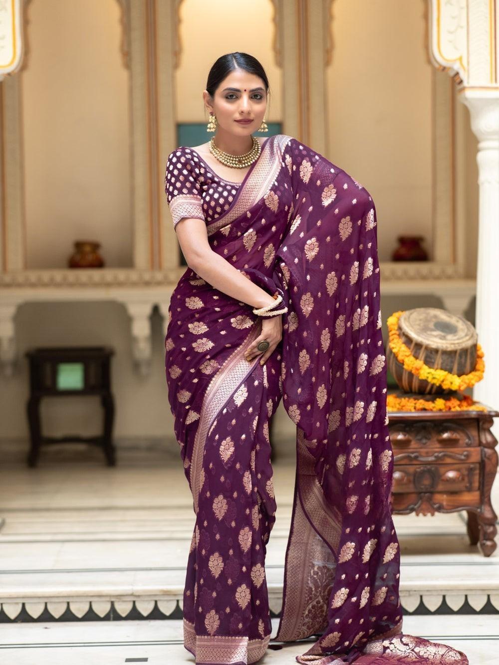 Runglory Elegant Wine Banarasi Silk Saree