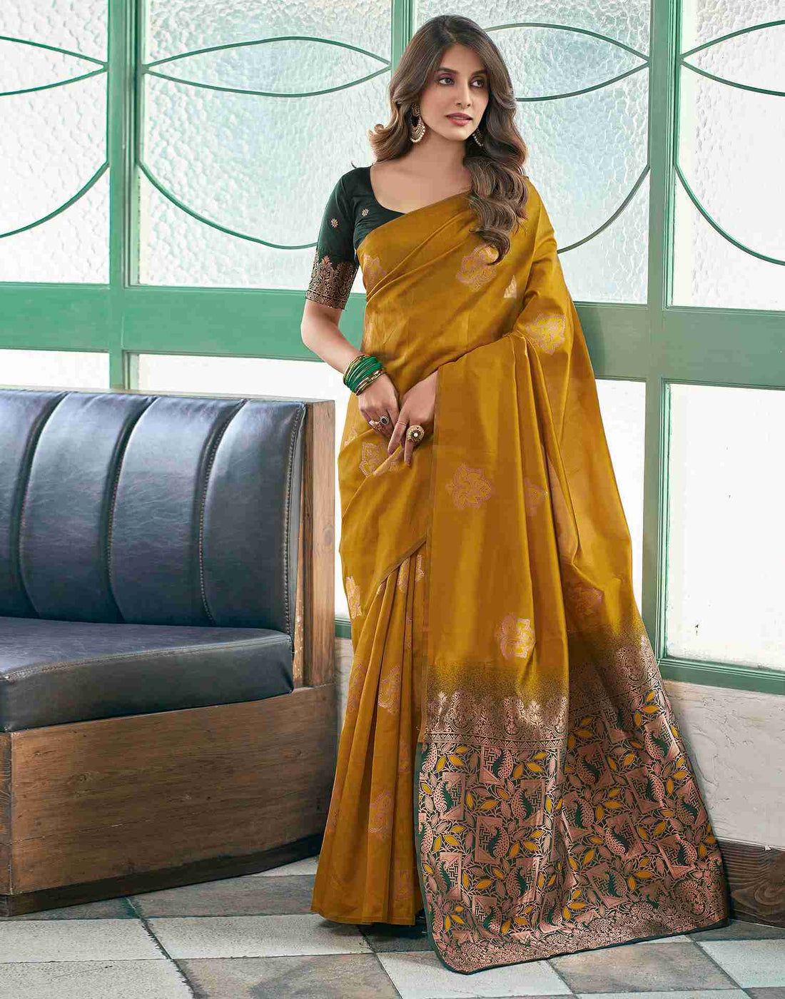 Runglory Vibrant Yellow Banarasi Saree