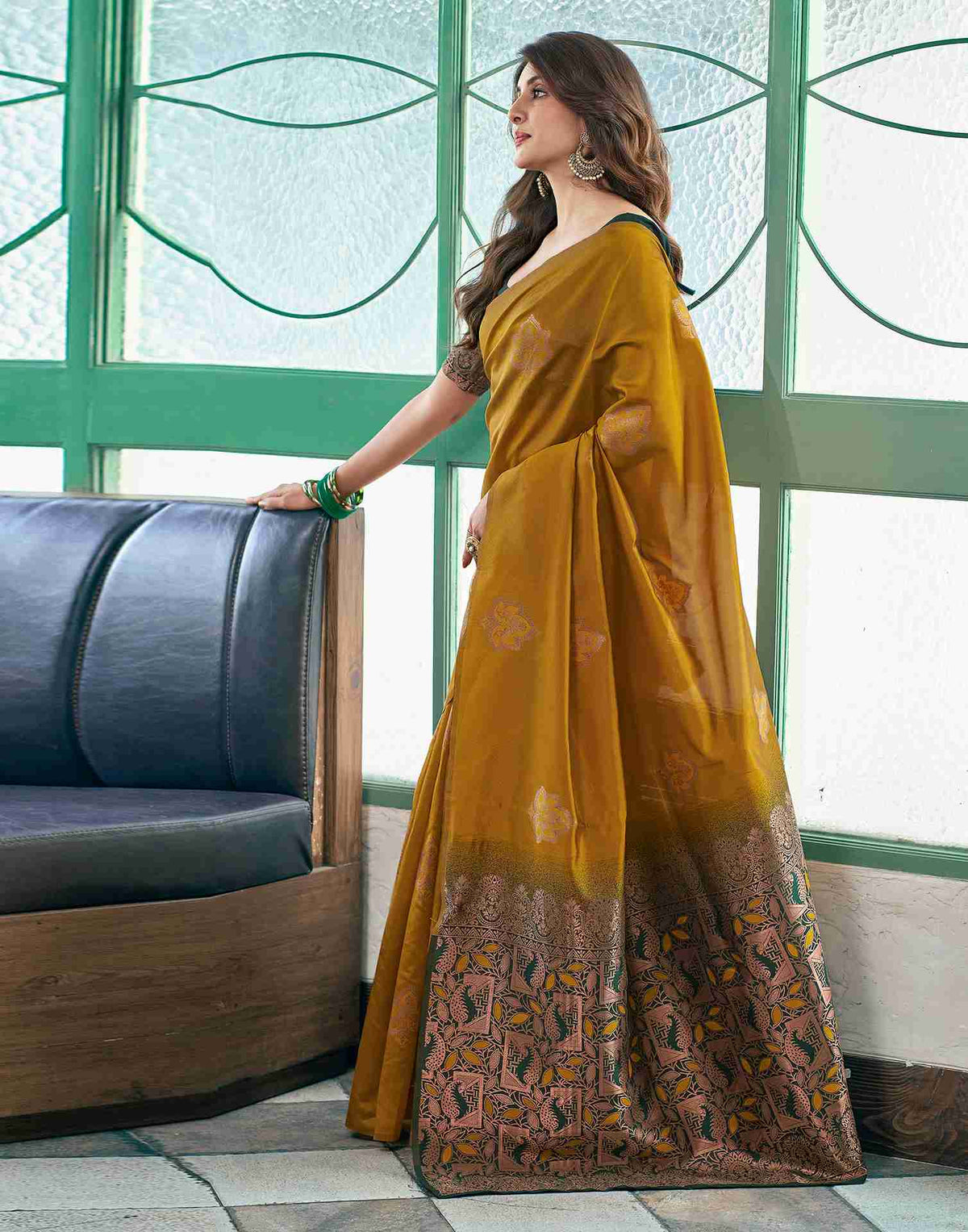 Runglory Vibrant Yellow Banarasi Saree