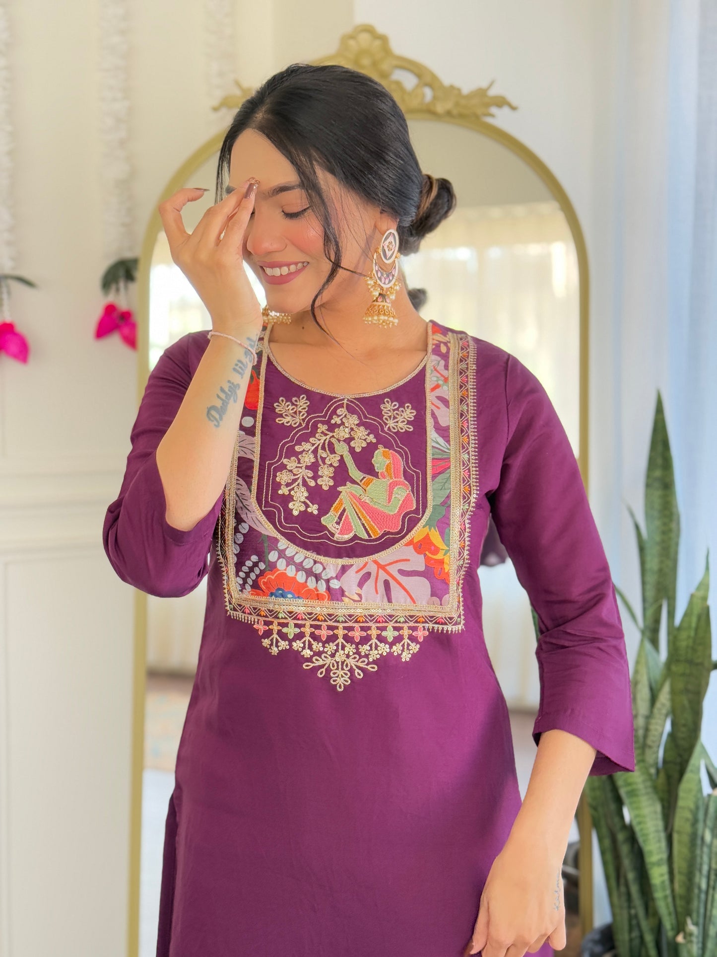 Women's Purple Viscose Chanderi Embroidered Straight Kurta with Viscose Chanderi Pant And Silk Printed Dupatta Sets