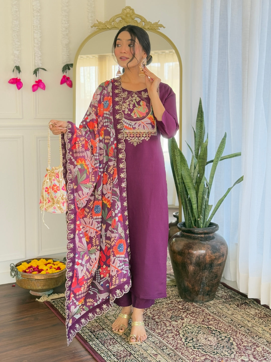 Women's Purple Viscose Chanderi Embroidered Straight Kurta with Viscose Chanderi Pant And Silk Printed Dupatta Sets