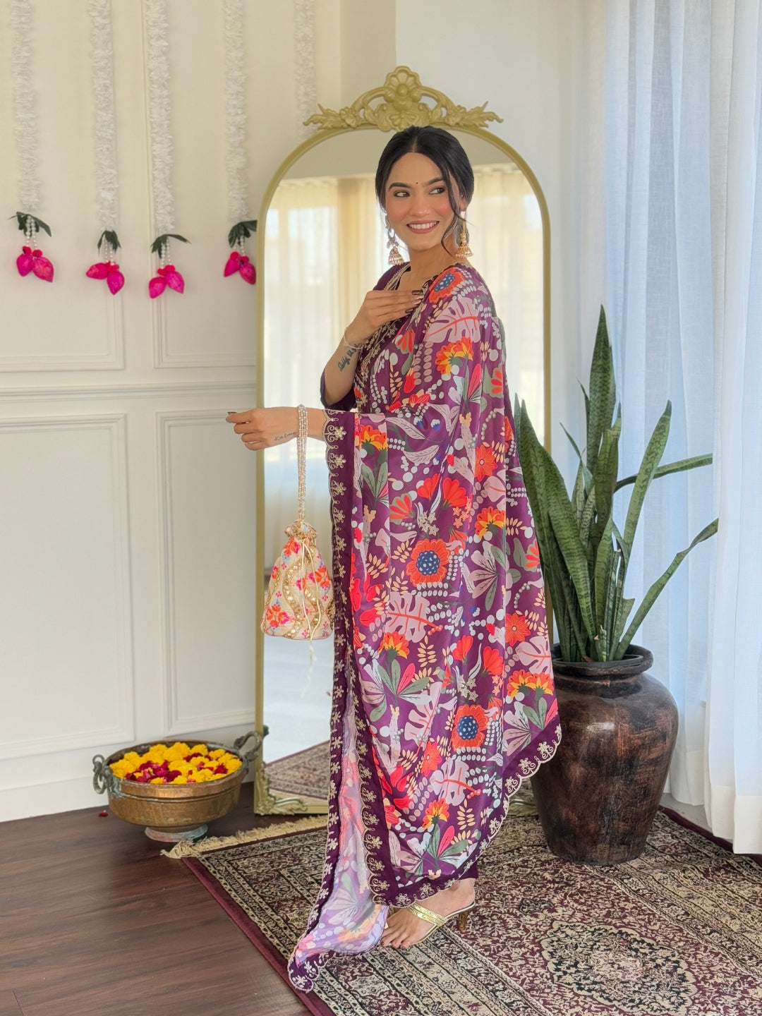 Women's Purple Viscose Chanderi Embroidered Straight Kurta with Viscose Chanderi Pant And Silk Printed Dupatta Sets