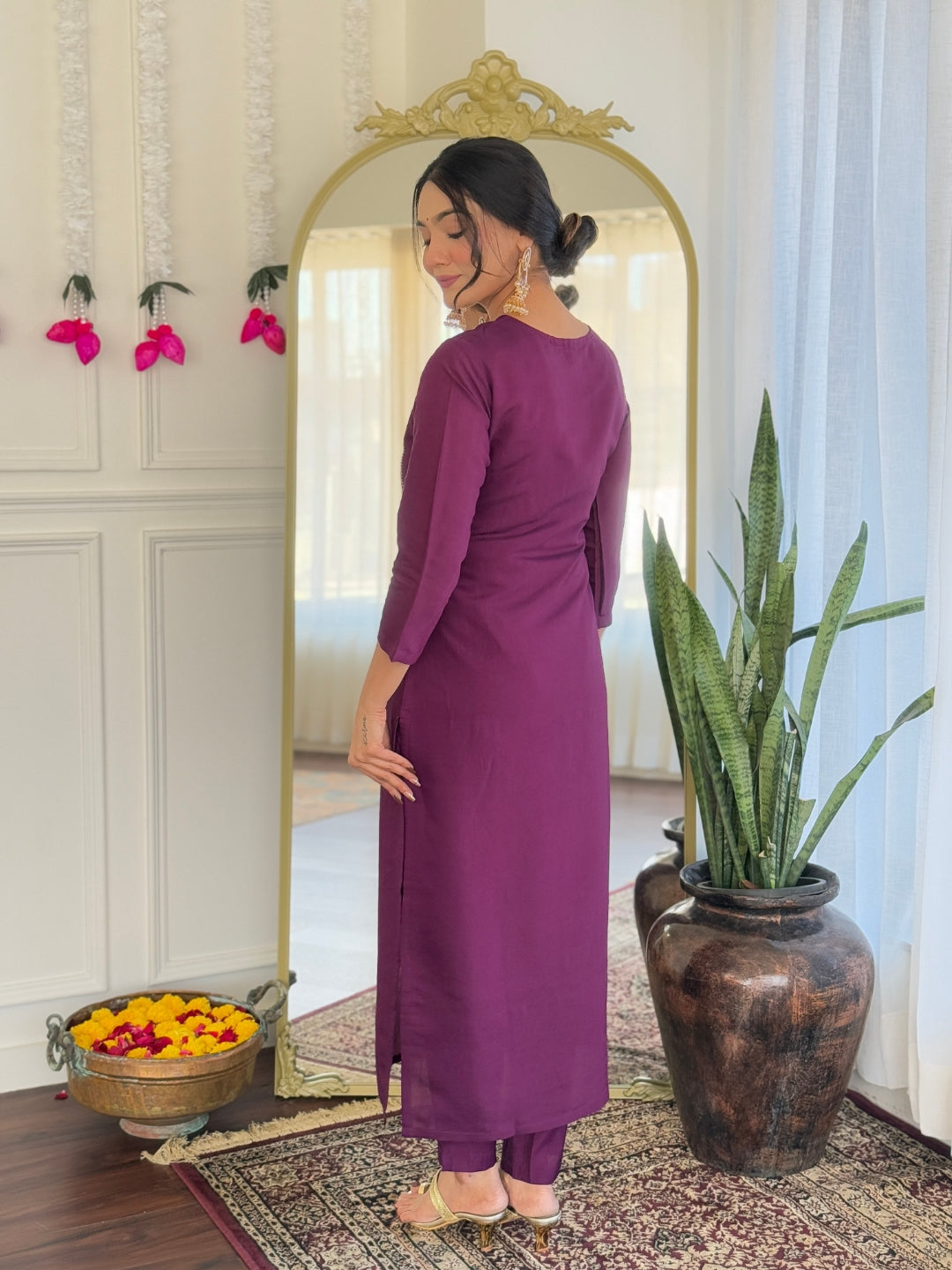 Women's Purple Viscose Chanderi Embroidered Straight Kurta with Viscose Chanderi Pant And Silk Printed Dupatta Sets