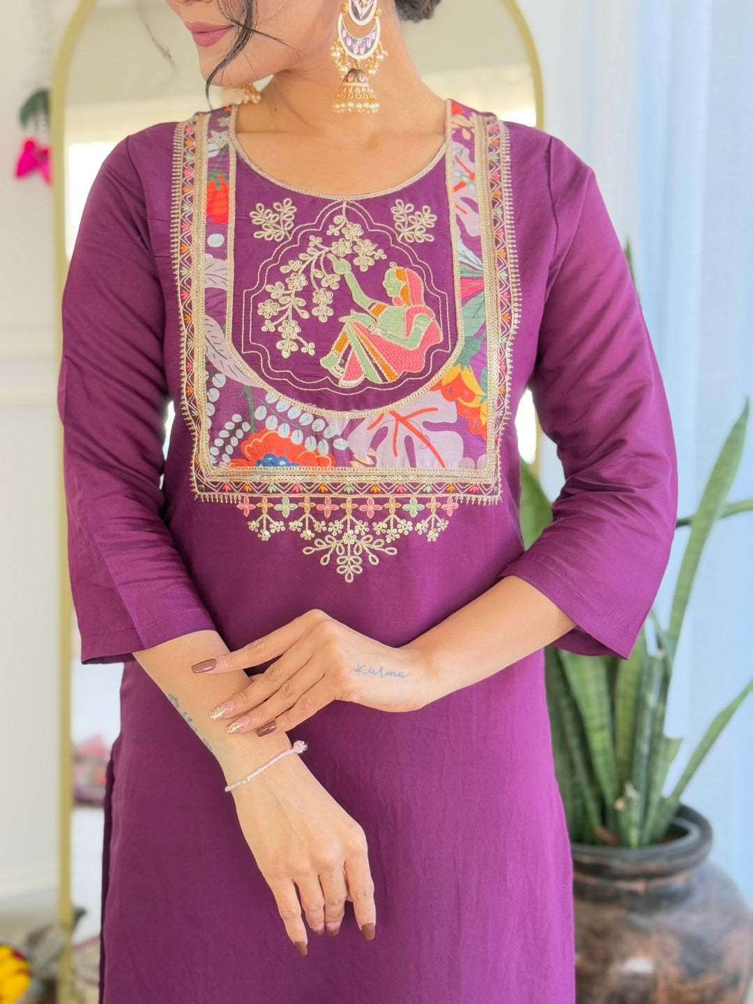 Women's Purple Viscose Chanderi Embroidered Straight Kurta with Viscose Chanderi Pant And Silk Printed Dupatta Sets