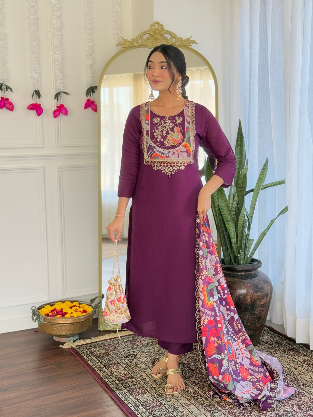 Women's Purple Viscose Chanderi Embroidered Straight Kurta with Viscose Chanderi Pant And Silk Printed Dupatta Sets