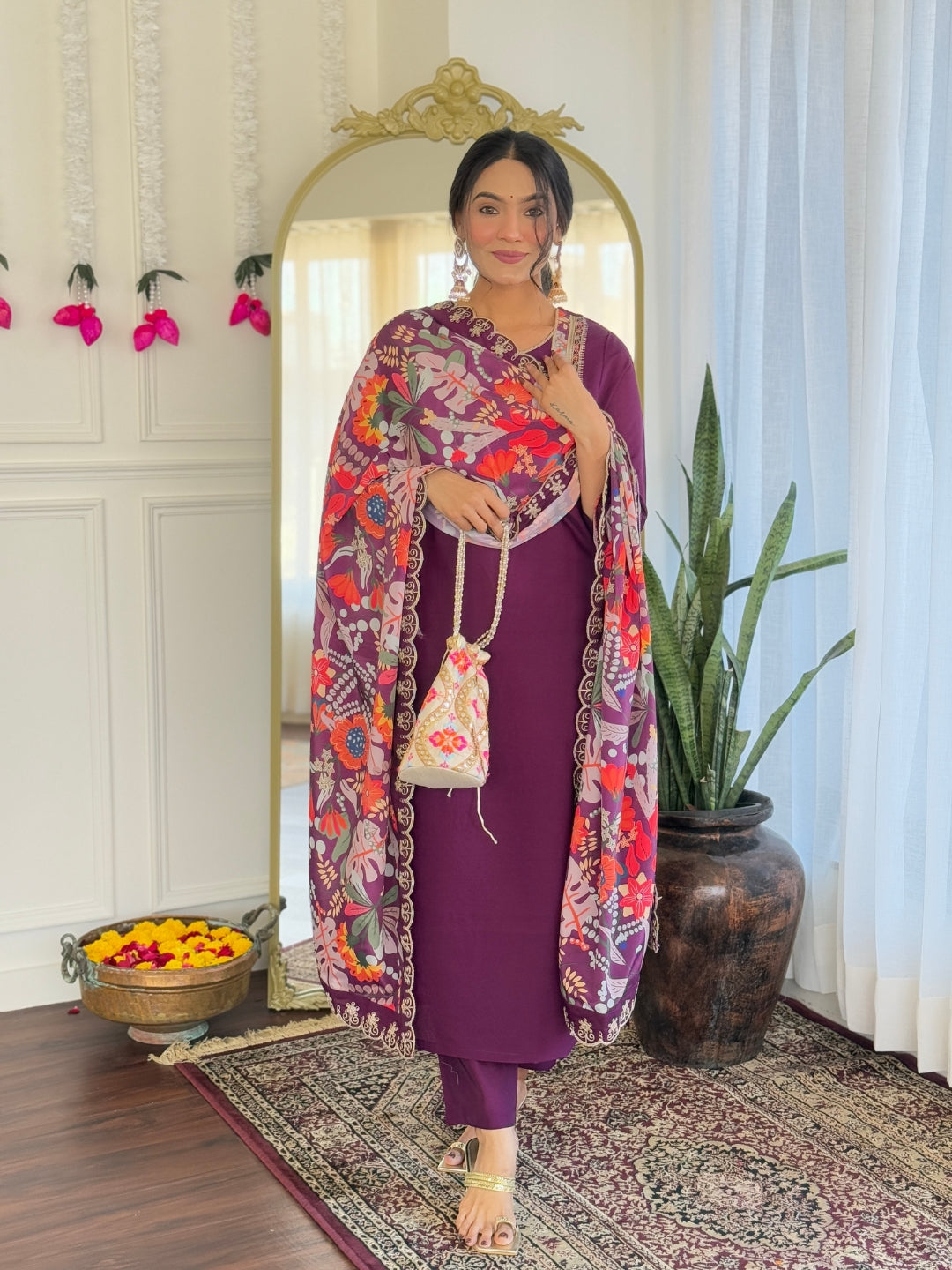Women's Purple Viscose Chanderi Embroidered Straight Kurta with Viscose Chanderi Pant And Silk Printed Dupatta Sets