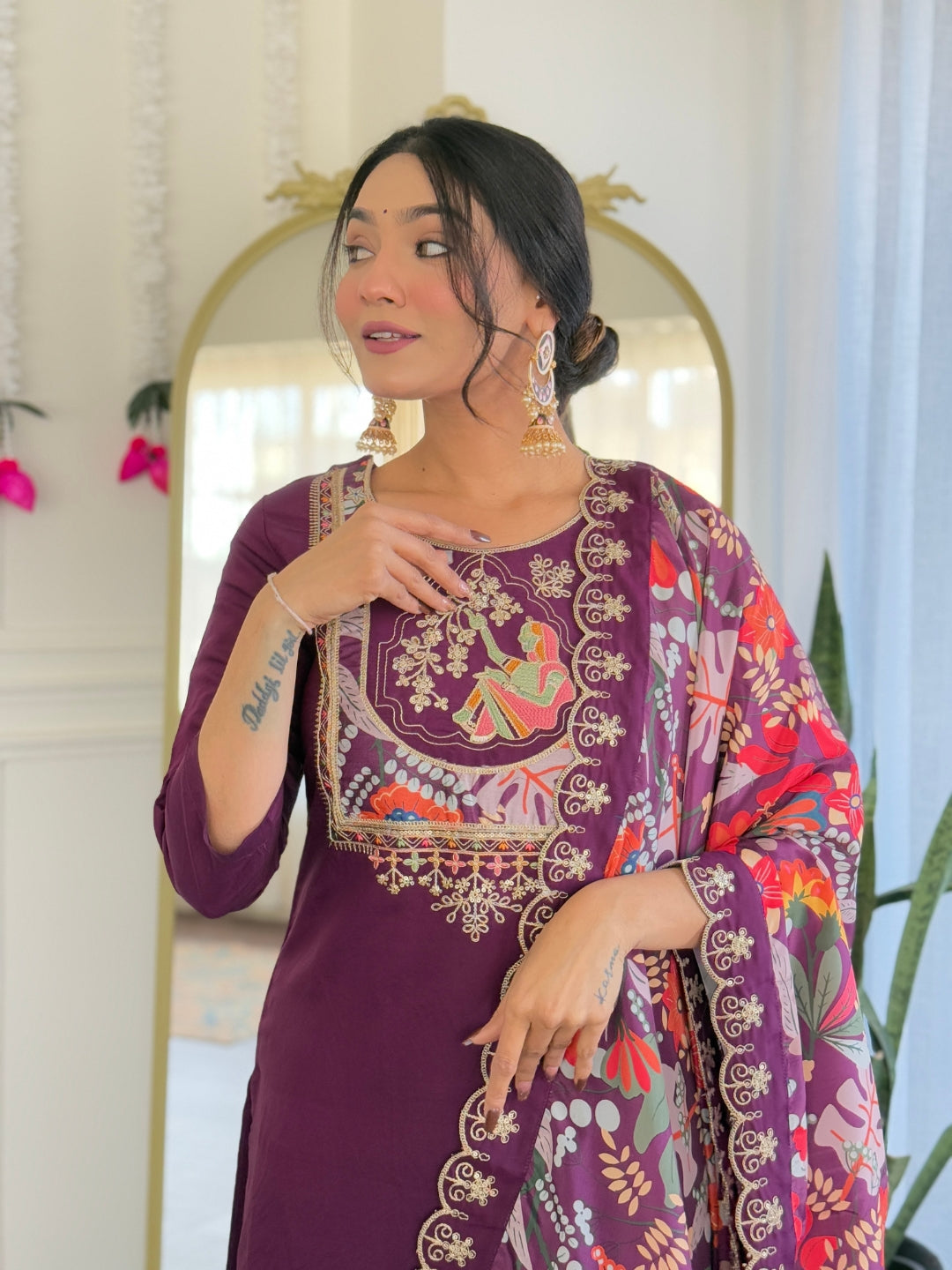 Women's Purple Viscose Chanderi Embroidered Straight Kurta with Viscose Chanderi Pant And Silk Printed Dupatta Sets
