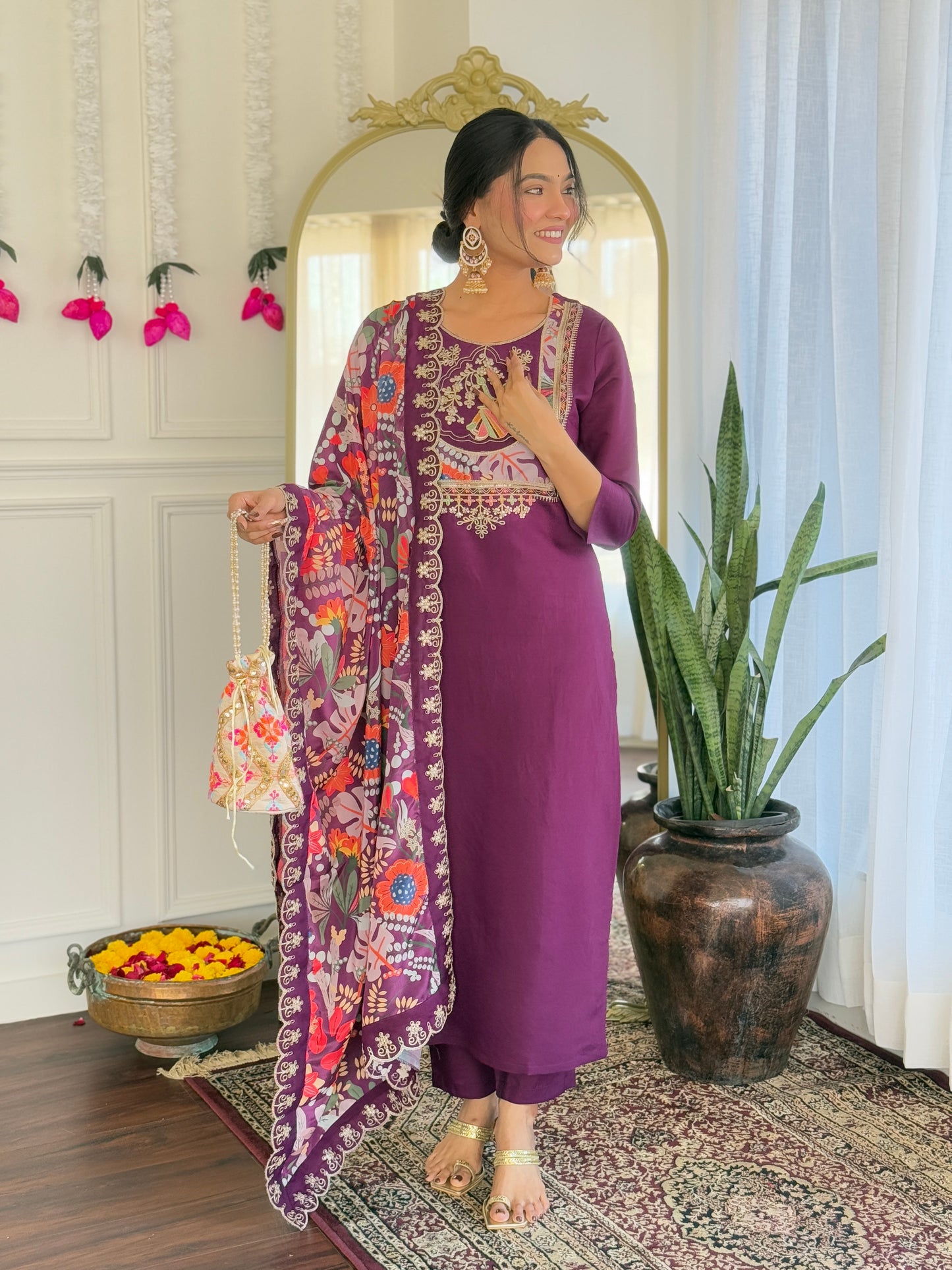 Women's Purple Viscose Chanderi Embroidered Straight Kurta with Viscose Chanderi Pant And Silk Printed Dupatta Sets
