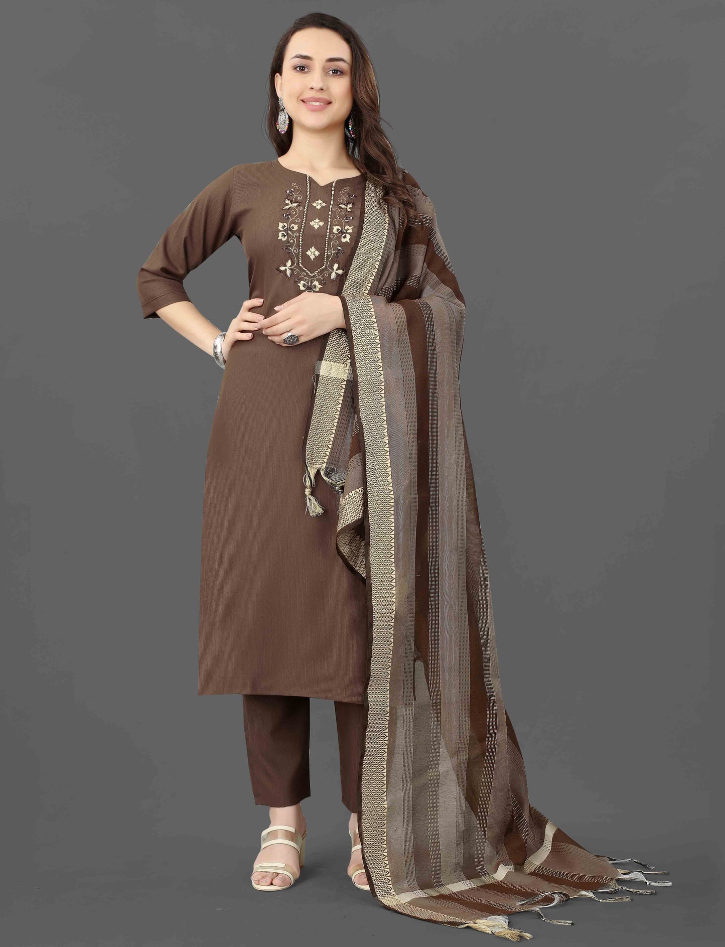 Women's Embroidered Cottan Blend Kurti With Pant & Dupatta Set
