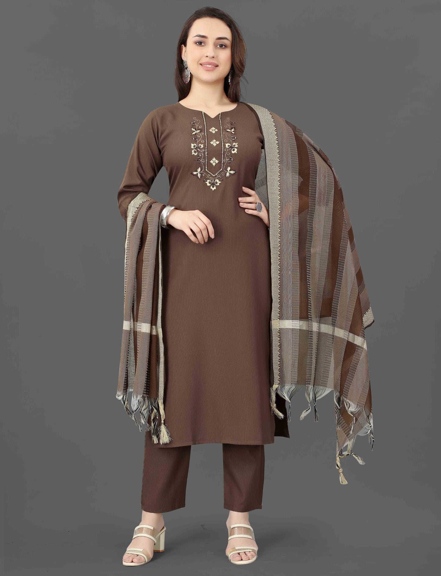 Women's Embroidered Cottan Blend Kurti With Pant & Dupatta Set