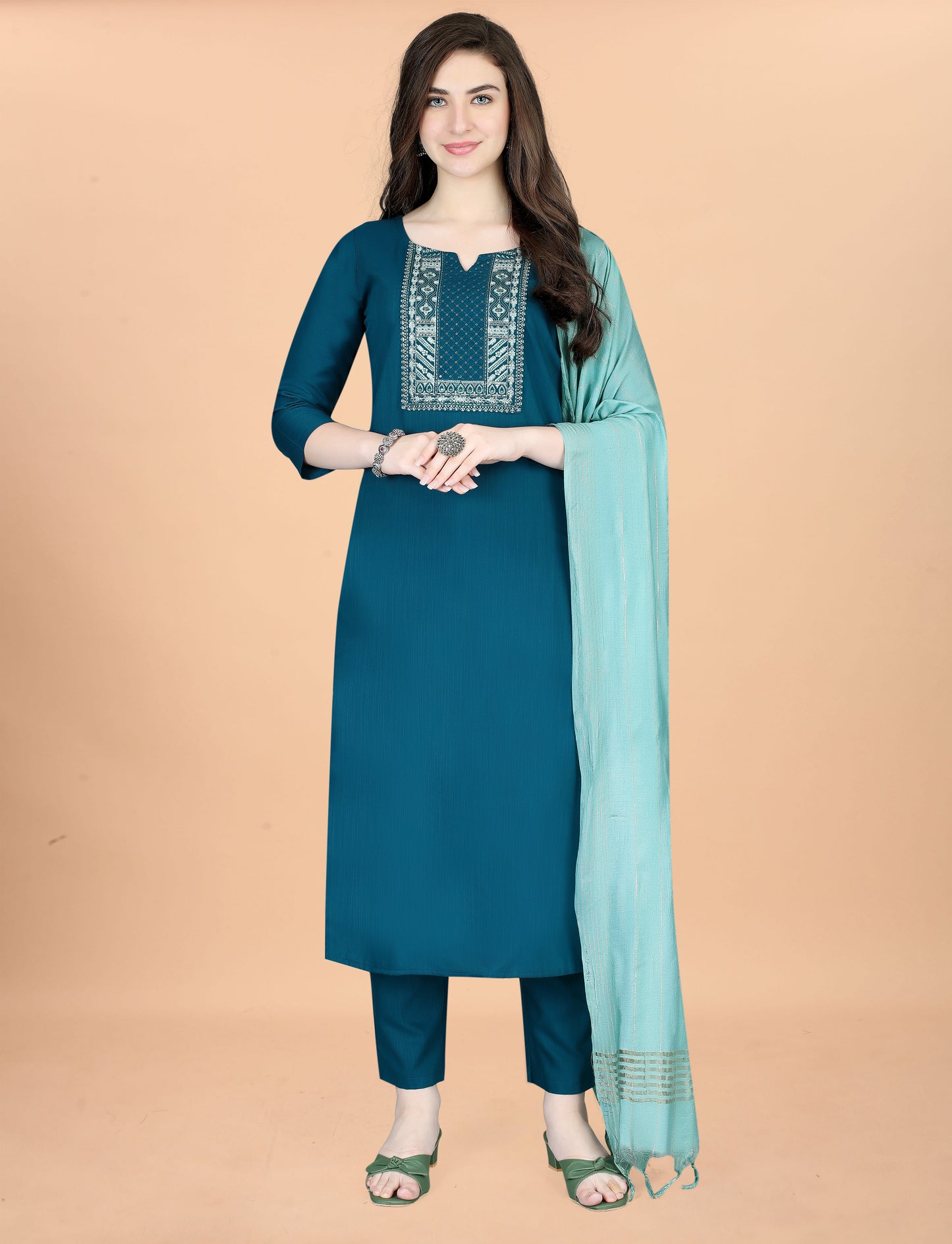 Women's Embroidered Cottan Blend Kurti With Pant & Chanderi Dupatta Set