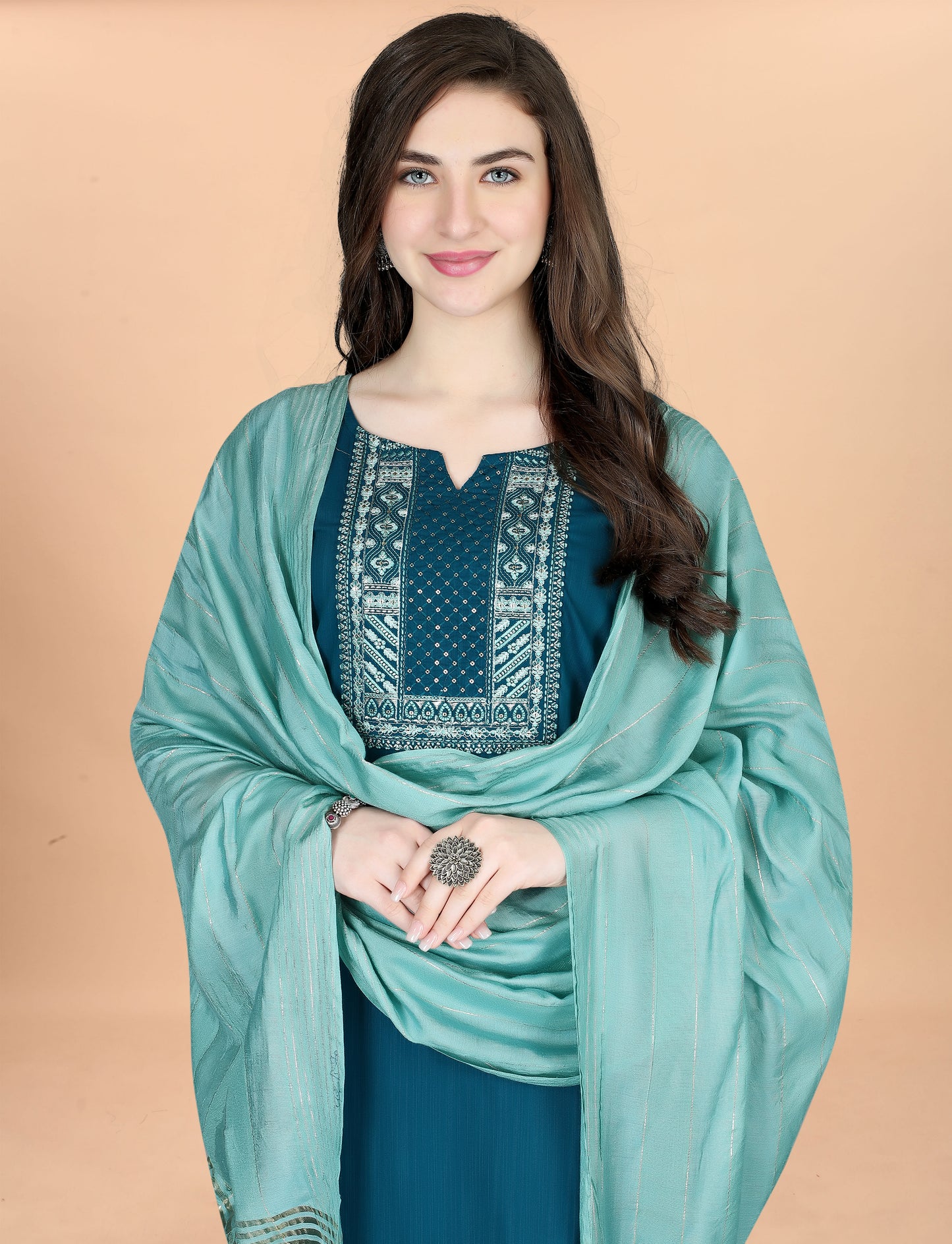 Women's Embroidered Cottan Blend Kurti With Pant & Chanderi Dupatta Set