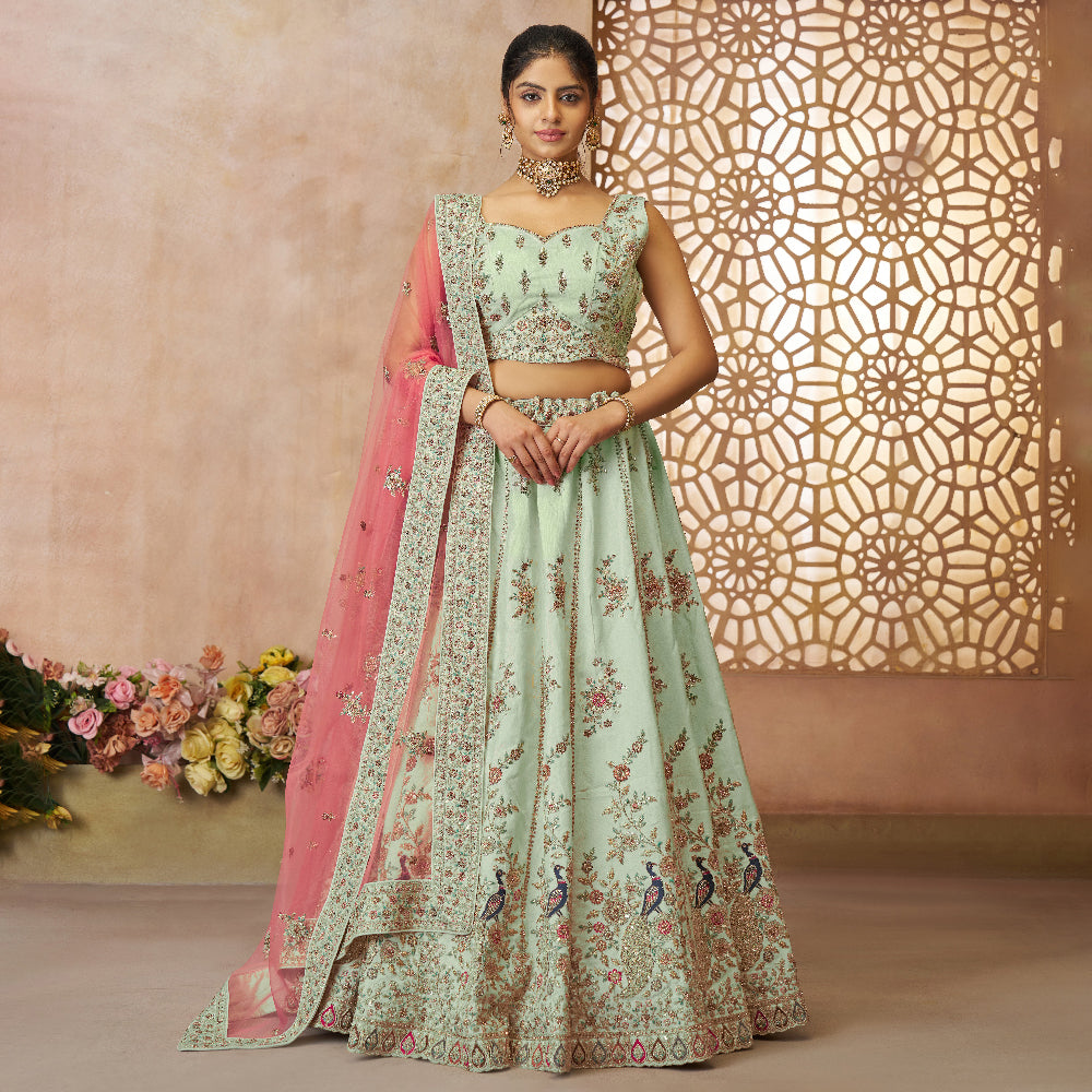 Surprising Green Zari Weaving Silk Wedding Lehenga Choli With Dupatta