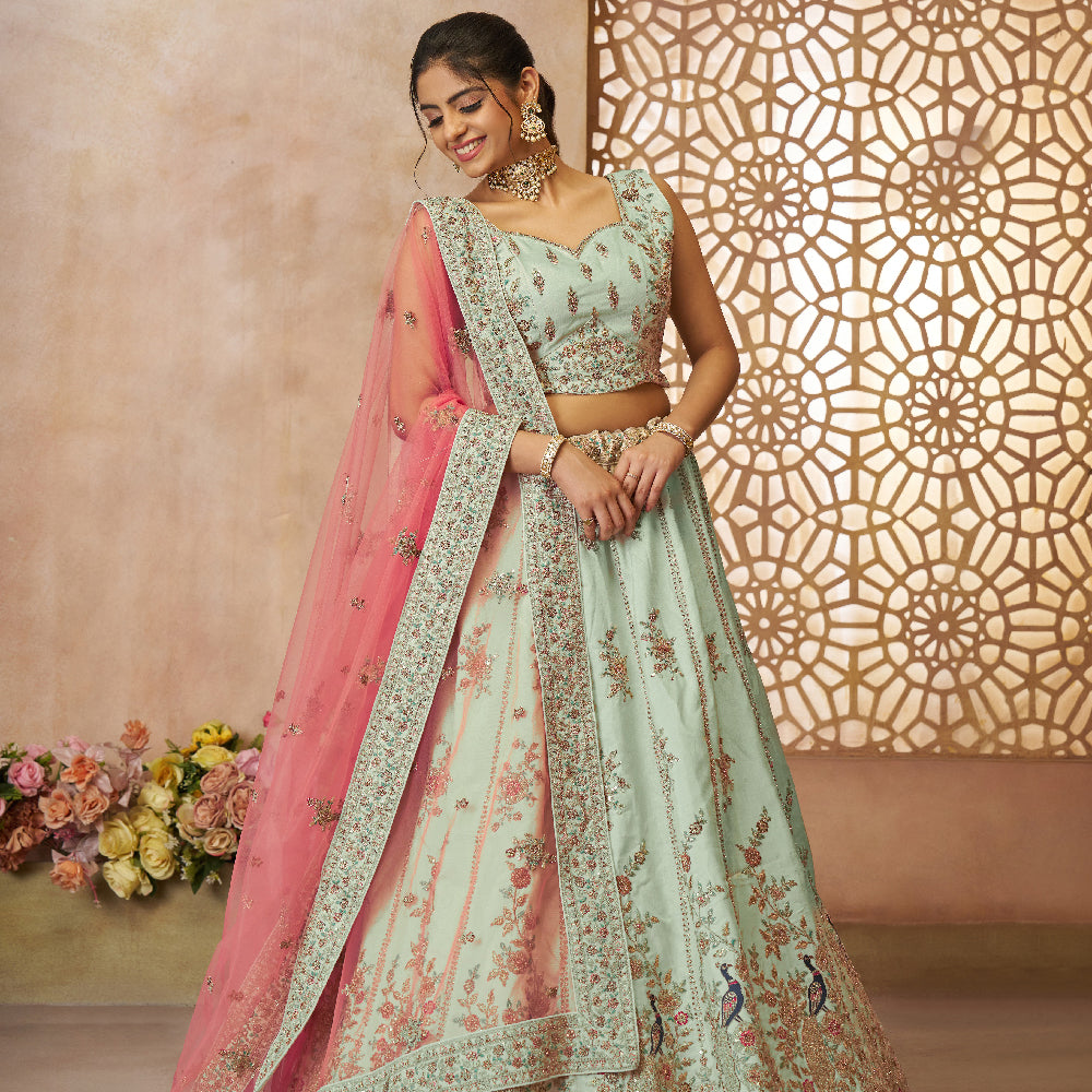 Surprising Green Zari Weaving Silk Wedding Lehenga Choli With Dupatta