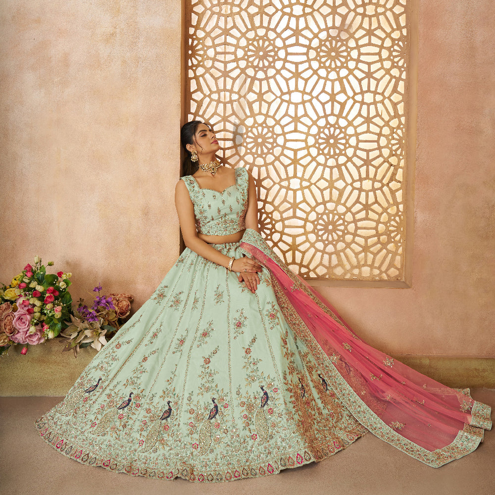 Surprising Green Zari Weaving Silk Wedding Lehenga Choli With Dupatta