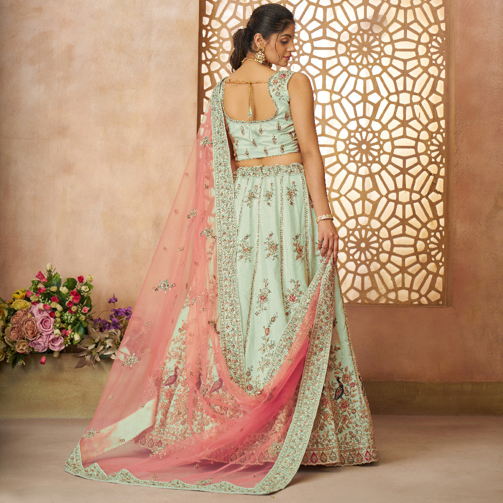 Surprising Green Zari Weaving Silk Wedding Lehenga Choli With Dupatta