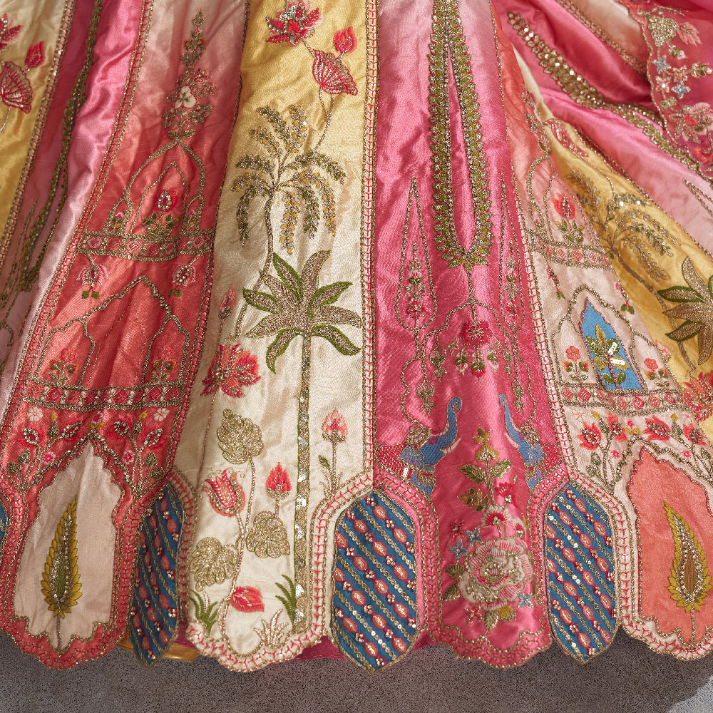 Pretty Pink Silk Intricate Paisley Motifs Traditional Embroidered Wedding Lehenga.
