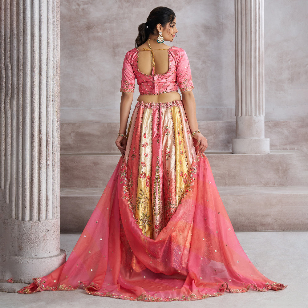 Pretty Pink Silk Intricate Paisley Motifs Traditional Embroidered Wedding Lehenga.