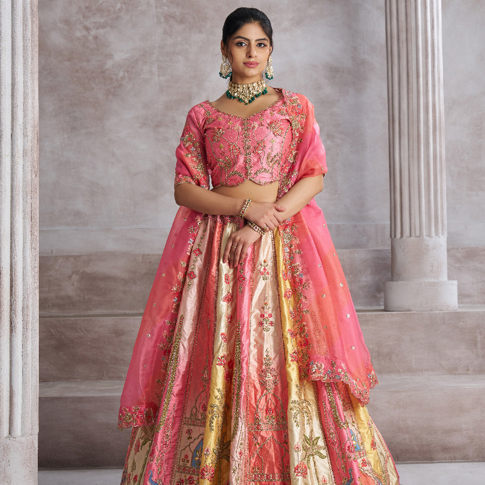 Pretty Pink Silk Intricate Paisley Motifs Traditional Embroidered Wedding Lehenga.