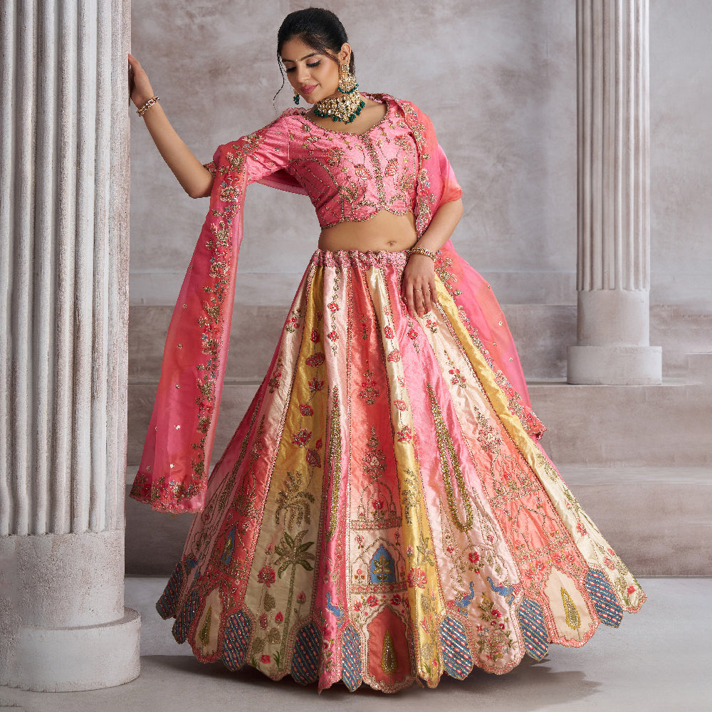 Pretty Pink Silk Intricate Paisley Motifs Traditional Embroidered Wedding Lehenga.