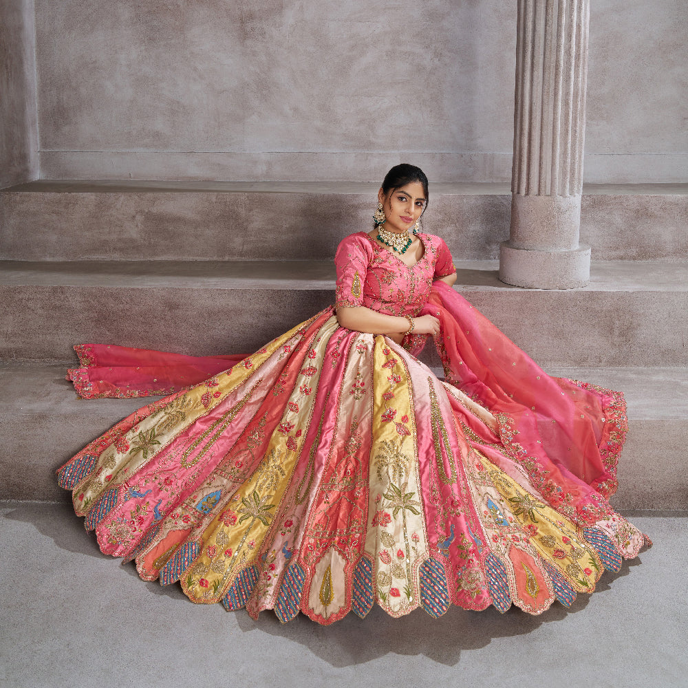 Pretty Pink Silk Intricate Paisley Motifs Traditional Embroidered Wedding Lehenga.