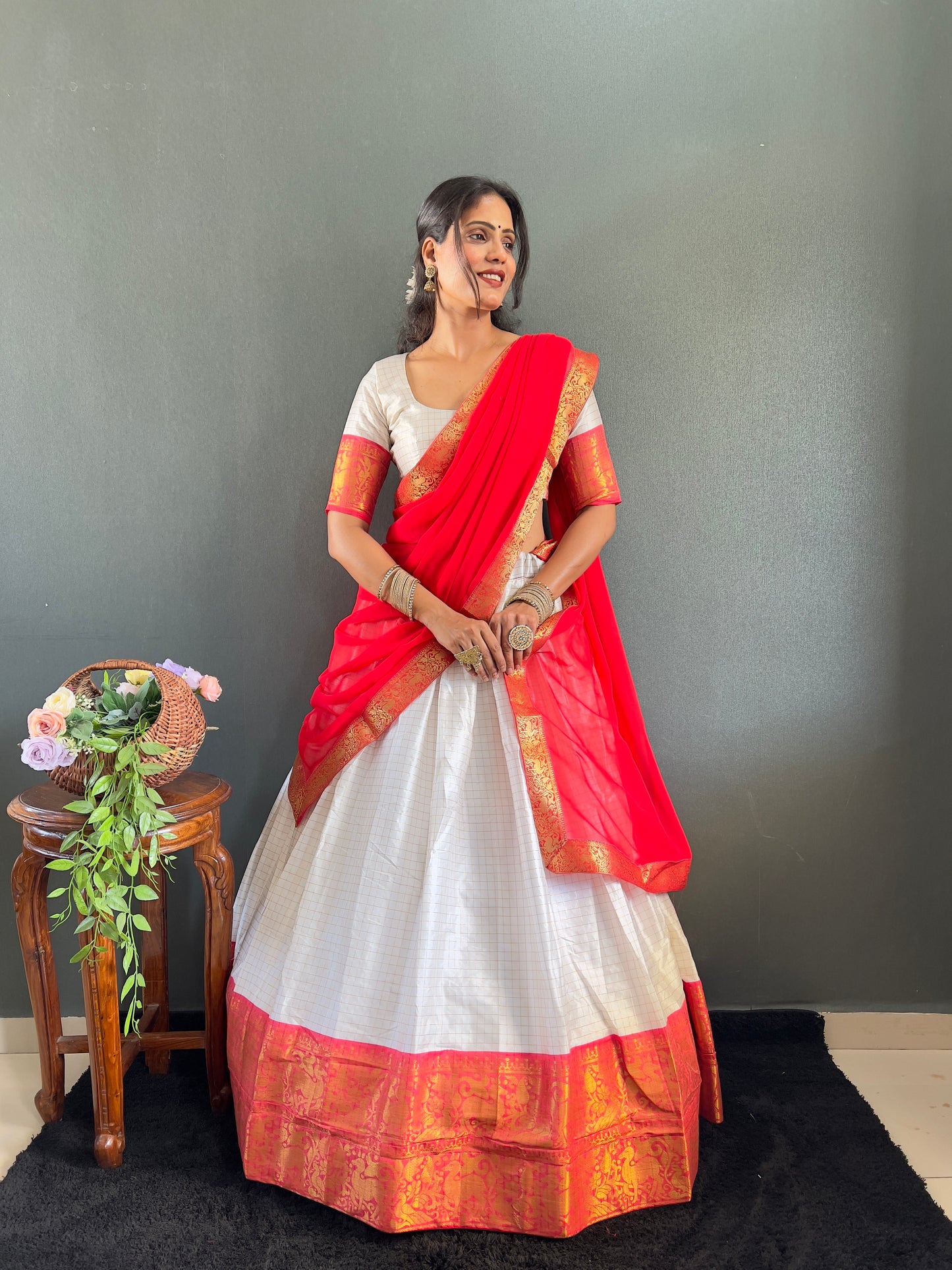 Trendy White and Red Cotton Lehenga With Unstiched Blouse And Contrast Dupatta