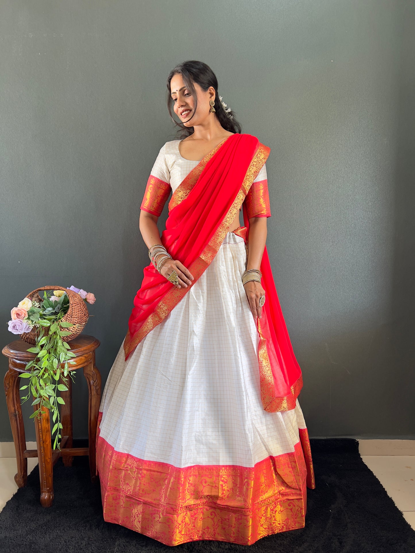 Trendy White and Red Cotton Lehenga With Unstiched Blouse And Contrast Dupatta