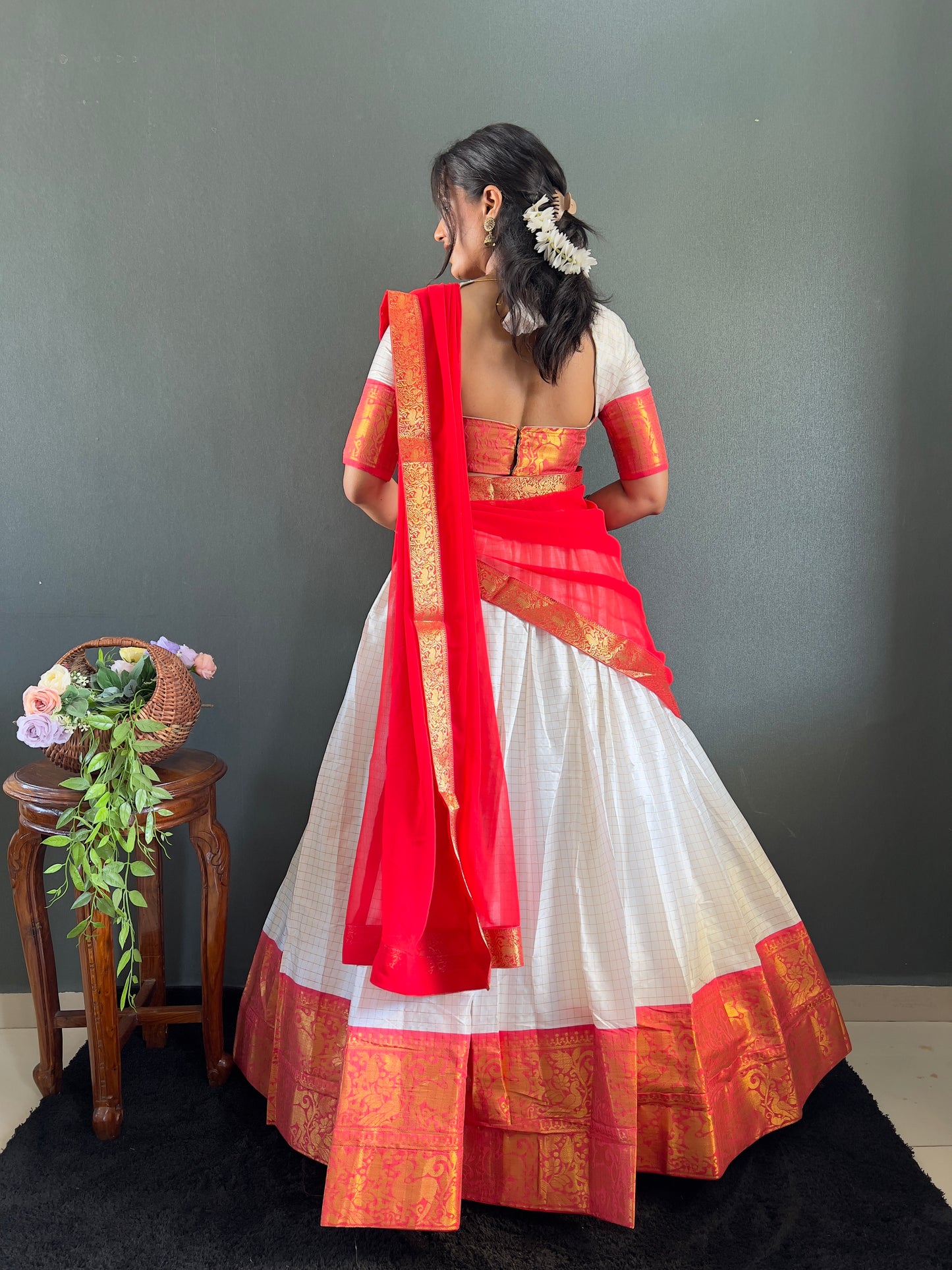 Trendy White and Red Cotton Lehenga With Unstiched Blouse And Contrast Dupatta