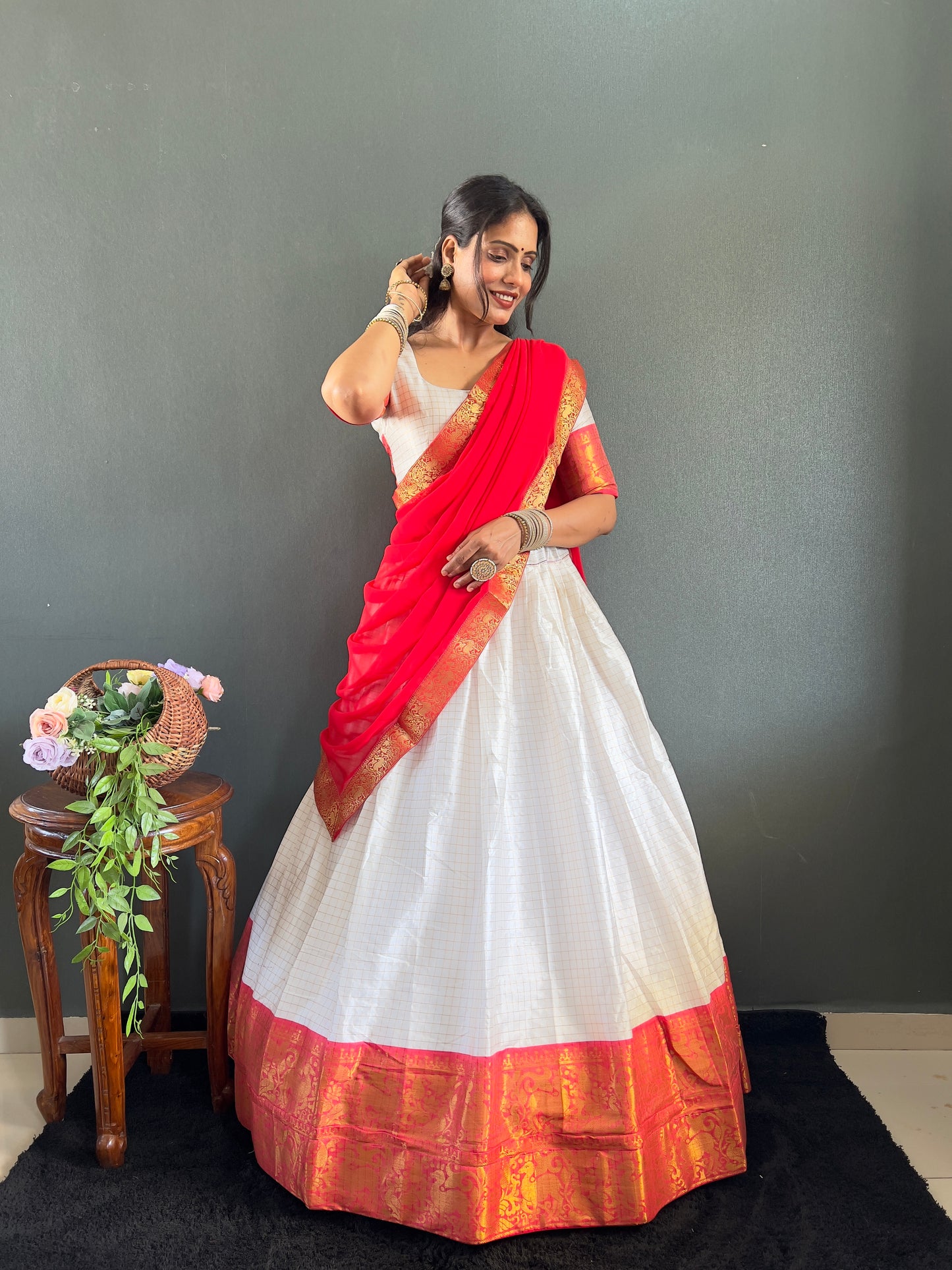 Trendy White and Red Cotton Lehenga With Unstiched Blouse And Contrast Dupatta