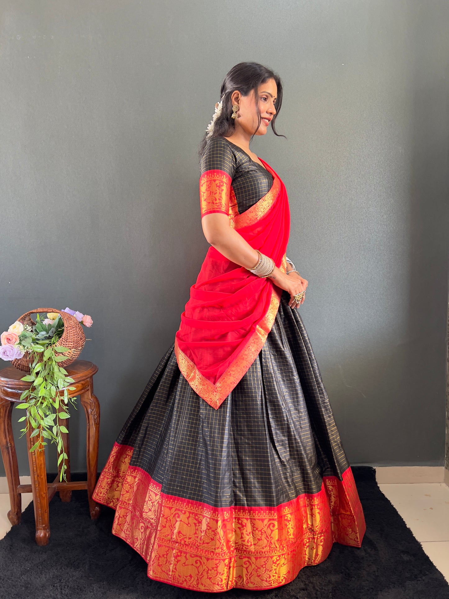 Trendy Black and Red Cotton Lehenga With Unstiched Blouse And Contrast Dupatta