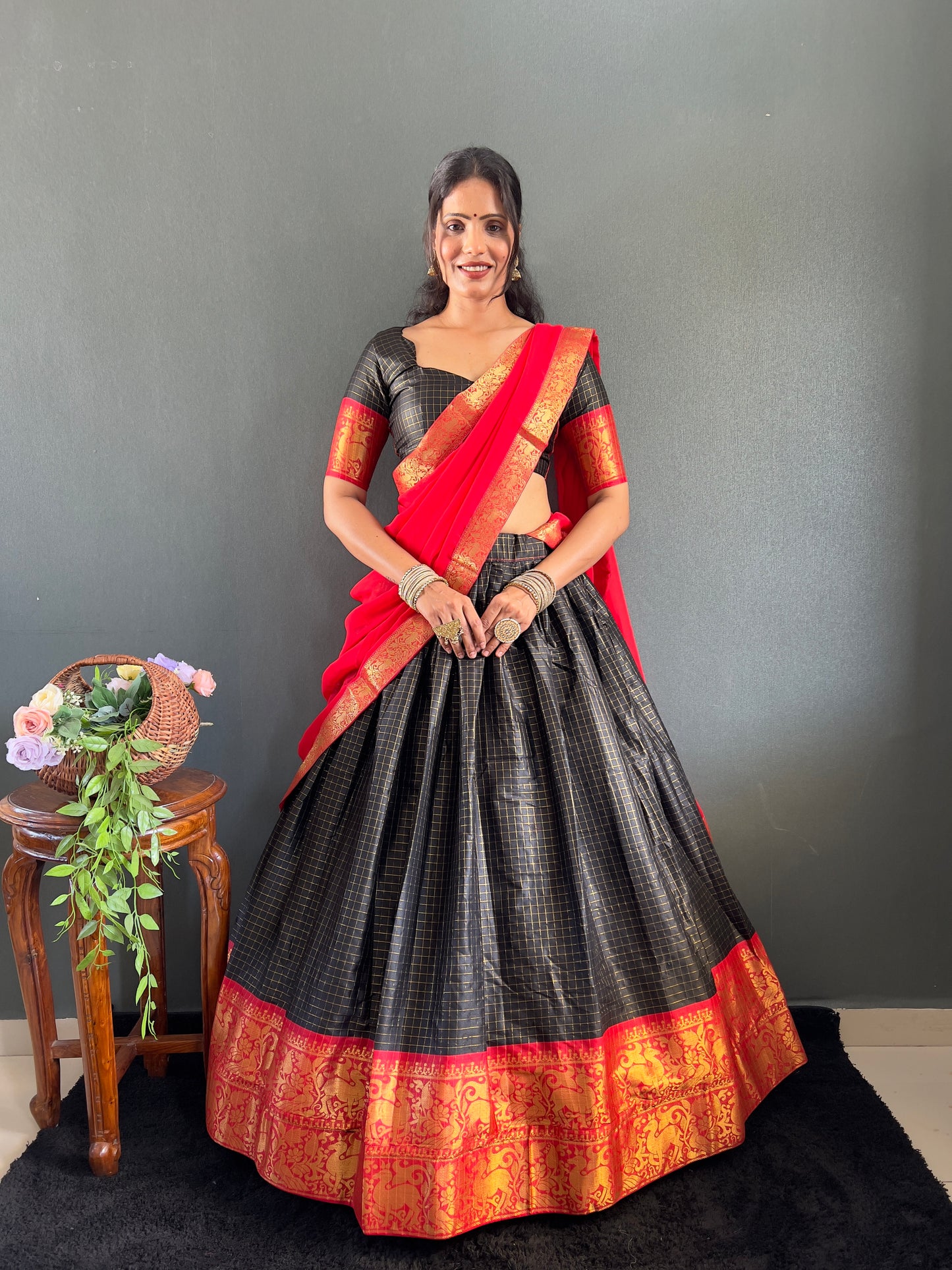 Trendy Black and Red Cotton Lehenga With Unstiched Blouse And Contrast Dupatta