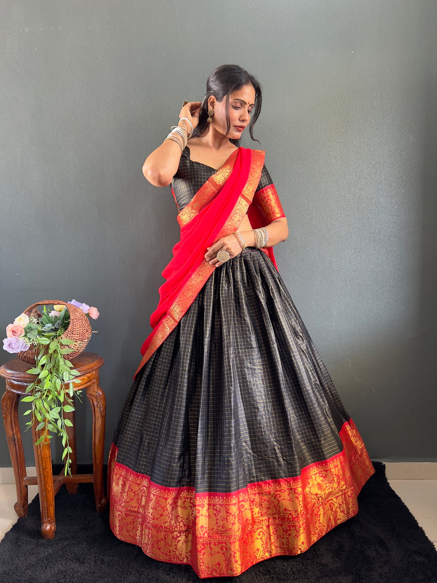 Trendy Black and Red Cotton Lehenga With Unstiched Blouse And Contrast Dupatta