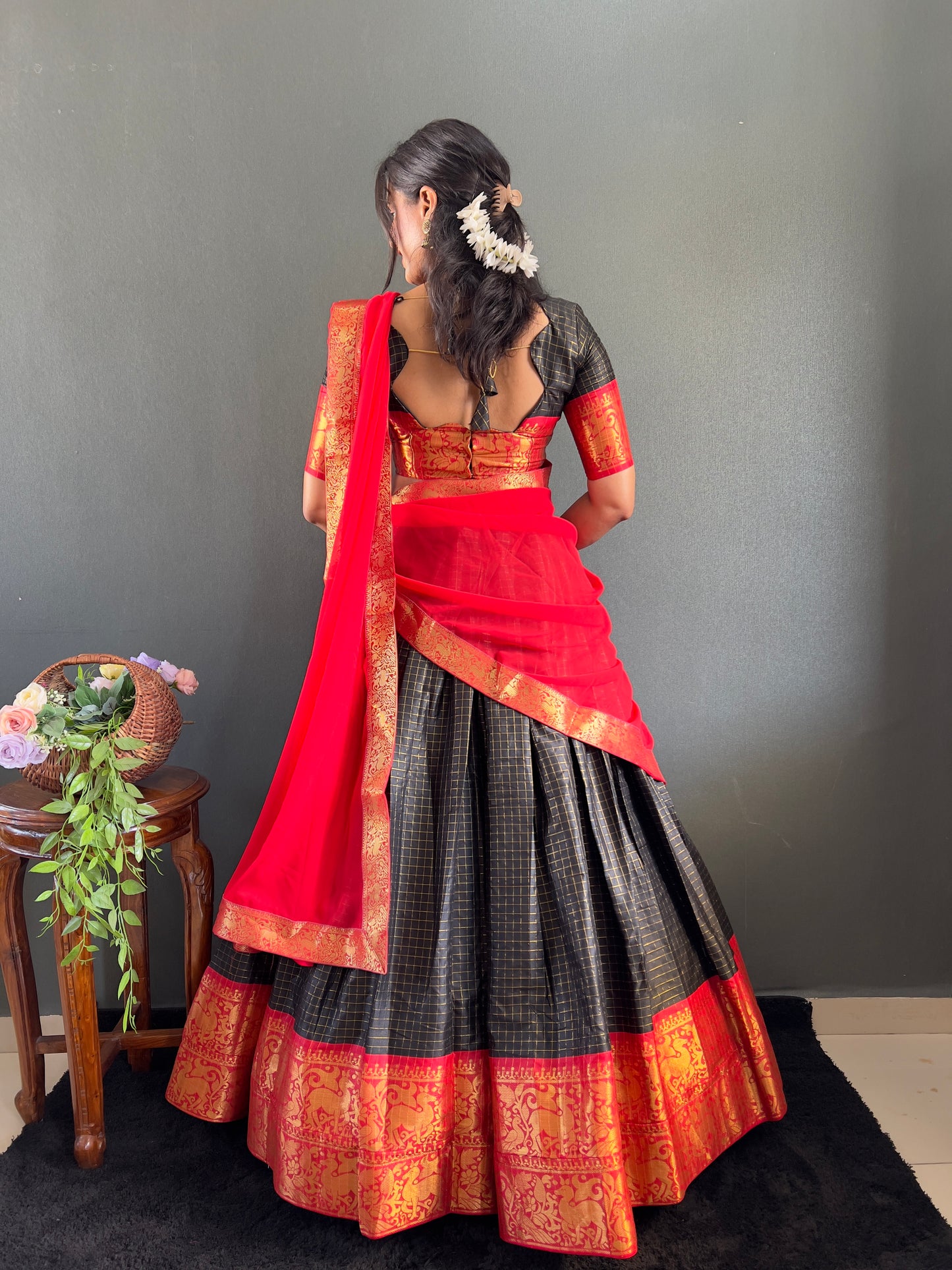 Trendy Black and Red Cotton Lehenga With Unstiched Blouse And Contrast Dupatta