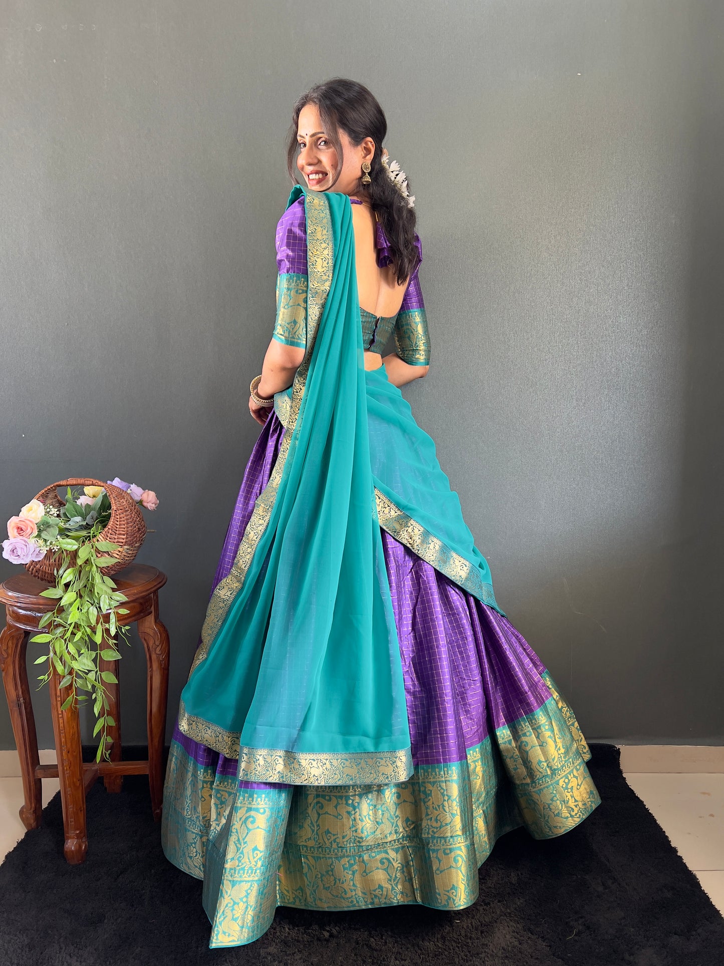 Trendy Purple and Rama Cotton Lehenga With Unstiched Blouse And Contrast Dupatta