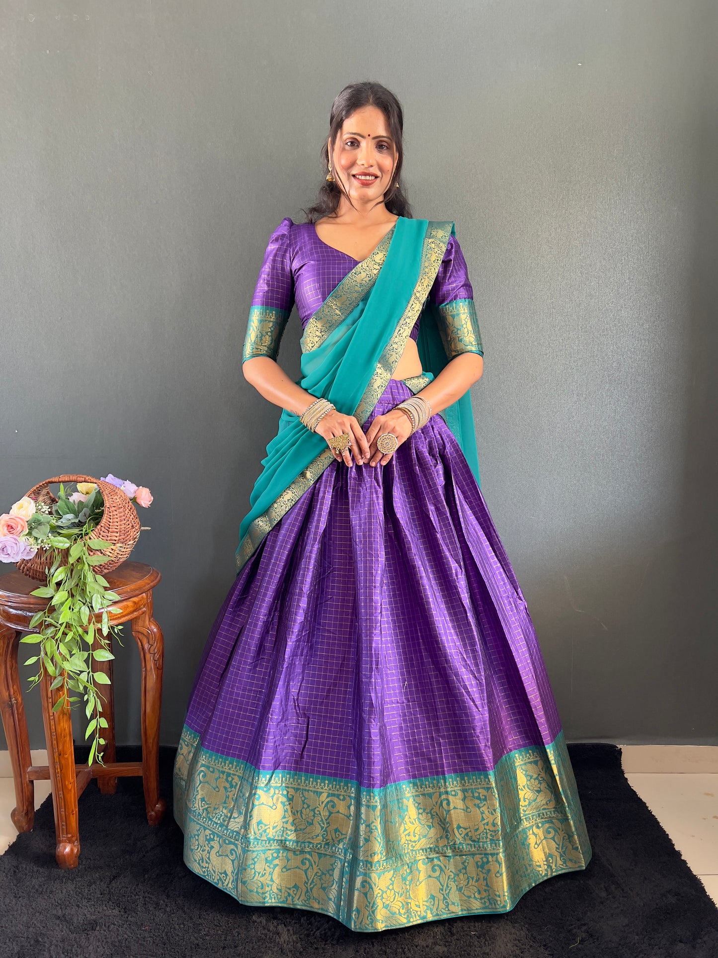 Trendy Purple and Rama Cotton Lehenga With Unstiched Blouse And Contrast Dupatta