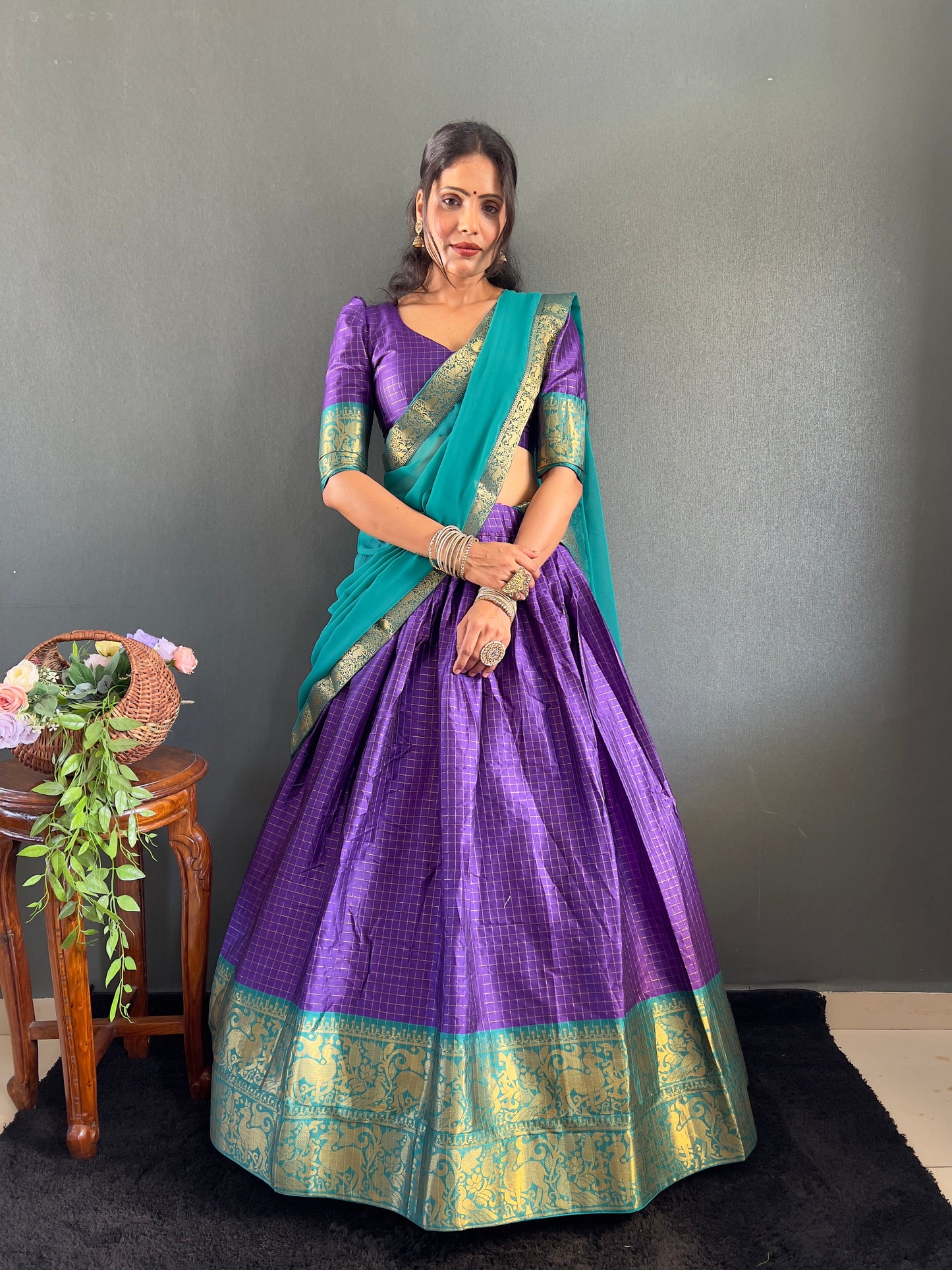 Trendy Purple and Rama Cotton Lehenga With Unstiched Blouse And Contrast Dupatta