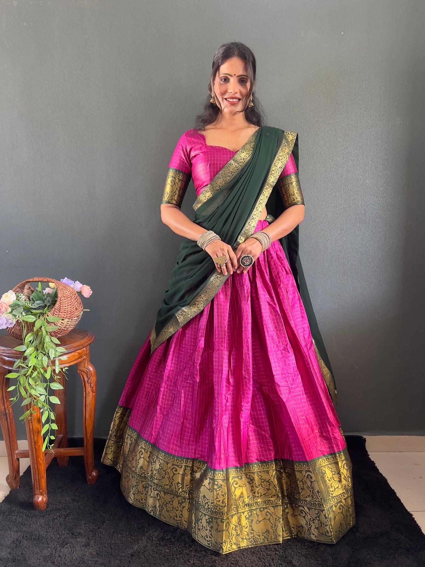 Trendy Pink and Black Cotton Lehenga With Unstiched Blouse And Contrast Dupatta